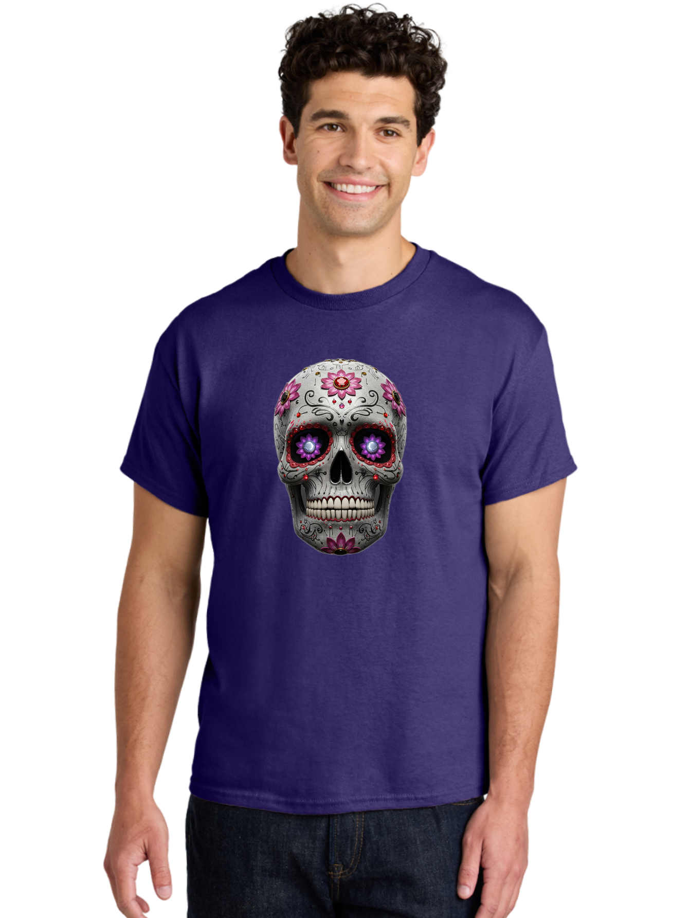 Sugar-Skull-17 Men'S Graphic Tee, 100% Cotton, Comfortable Casual Summer Wear, Machine Washable, Sugar Skull, Day Of The Dead, Skull Art, Floral Designs, Vibrant Colors, Intricate Patterns, Gothic Style, Mystical Symbols, Jewelry Designs, Bad766 16