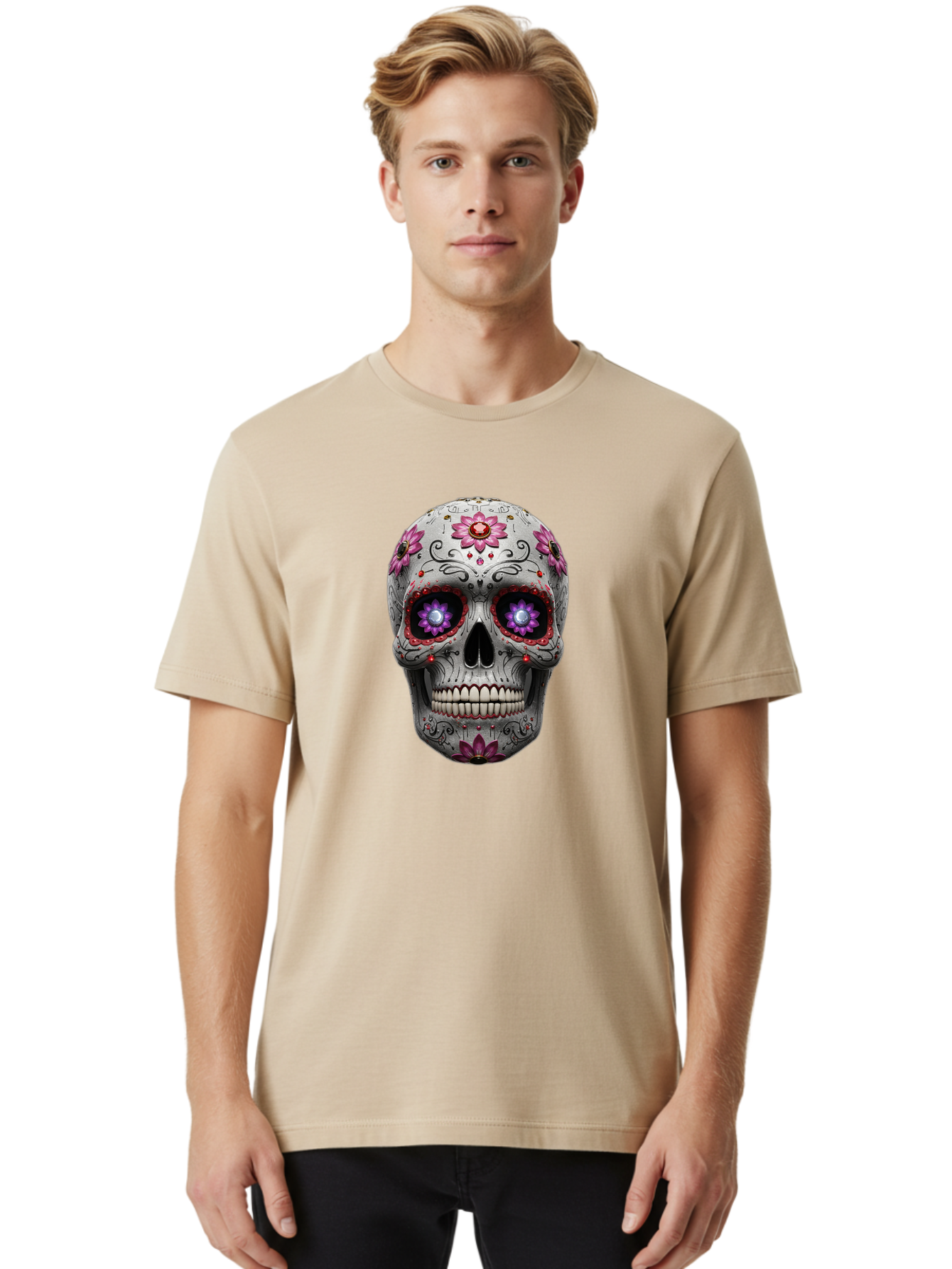 Sugar-Skull-17 Men'S Graphic Tee, 100% Cotton, Comfortable Casual Summer Wear, Machine Washable, Sugar Skull, Day Of The Dead, Skull Art, Floral Designs, Vibrant Colors, Intricate Patterns, Gothic Style, Mystical Symbols, Jewelry Designs, Bad766 21