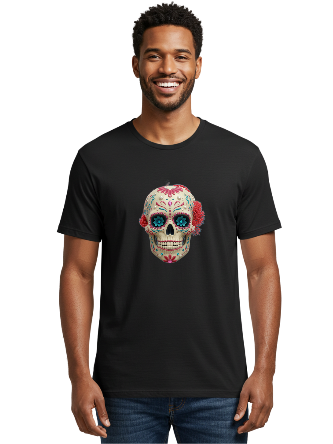 Sugar-Skull-18 Men'S Graphic Tee, 100% Cotton, Comfortable Casual Summer Wear, Machine Washable, Sugar Skull, Dia De Los Muertos, Vibrant Flowers, Colorful Decorations, Festive Atmosphere, Mexican Culture, Ornate Design, Floral Patterns, Bad767 29