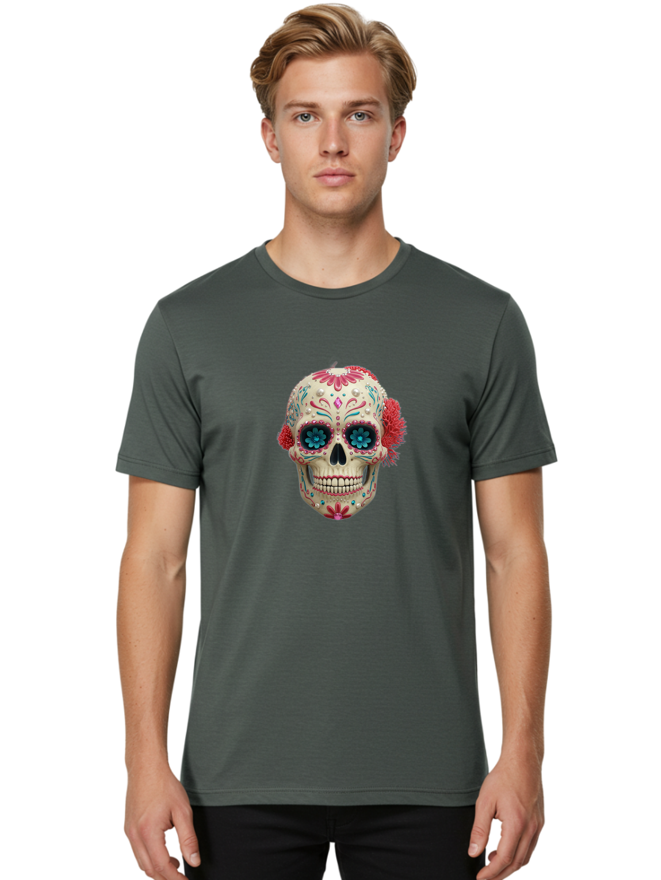 Sugar-Skull-18 Men'S Graphic Tee, 100% Cotton, Comfortable Casual Summer Wear, Machine Washable, Sugar Skull, Dia De Los Muertos, Vibrant Flowers, Colorful Decorations, Festive Atmosphere, Mexican Culture, Ornate Design, Floral Patterns, Bad767 23