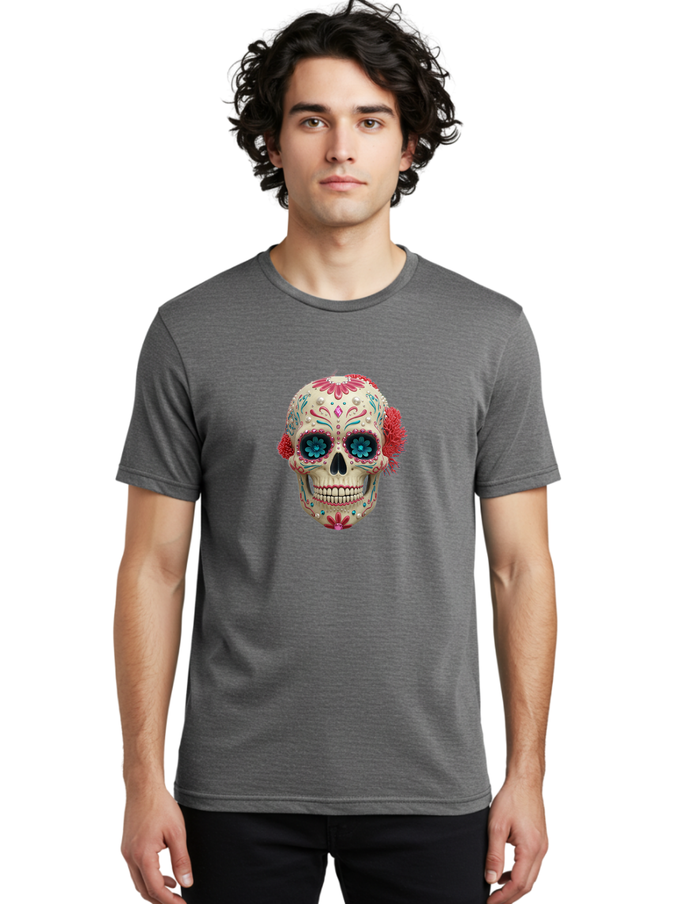 Sugar-Skull-18 Men'S Graphic Tee, 100% Cotton, Comfortable Casual Summer Wear, Machine Washable, Sugar Skull, Dia De Los Muertos, Vibrant Flowers, Colorful Decorations, Festive Atmosphere, Mexican Culture, Ornate Design, Floral Patterns, Bad767 20
