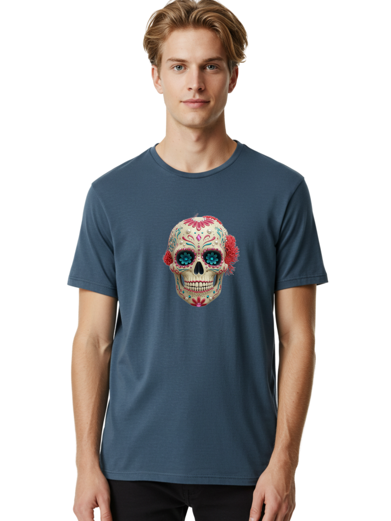 Sugar-Skull-18 Men'S Graphic Tee, 100% Cotton, Comfortable Casual Summer Wear, Machine Washable, Sugar Skull, Dia De Los Muertos, Vibrant Flowers, Colorful Decorations, Festive Atmosphere, Mexican Culture, Ornate Design, Floral Patterns, Bad767 16