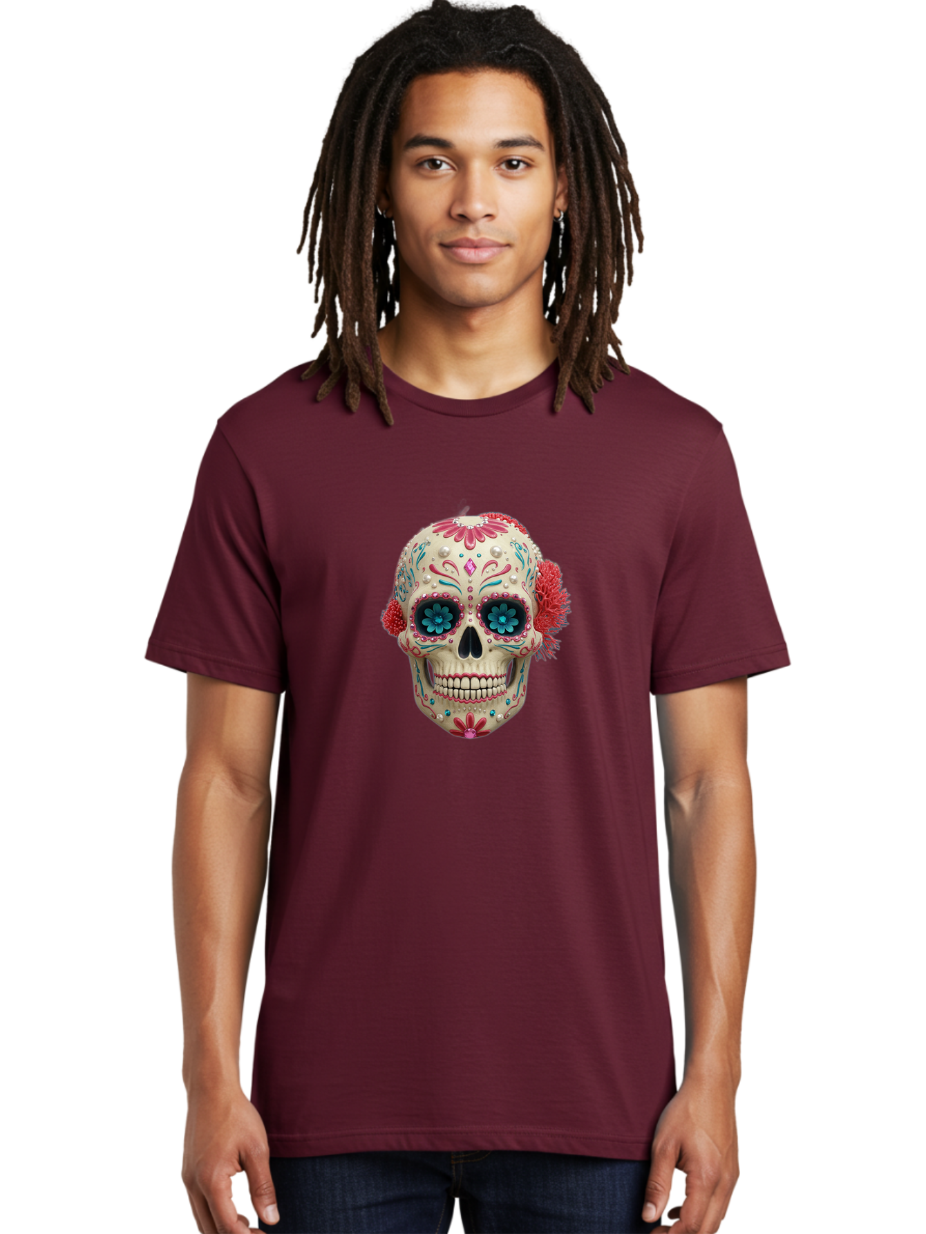 Sugar-Skull-18 Men'S Graphic Tee, 100% Cotton, Comfortable Casual Summer Wear, Machine Washable, Sugar Skull, Dia De Los Muertos, Vibrant Flowers, Colorful Decorations, Festive Atmosphere, Mexican Culture, Ornate Design, Floral Patterns, Bad767 24