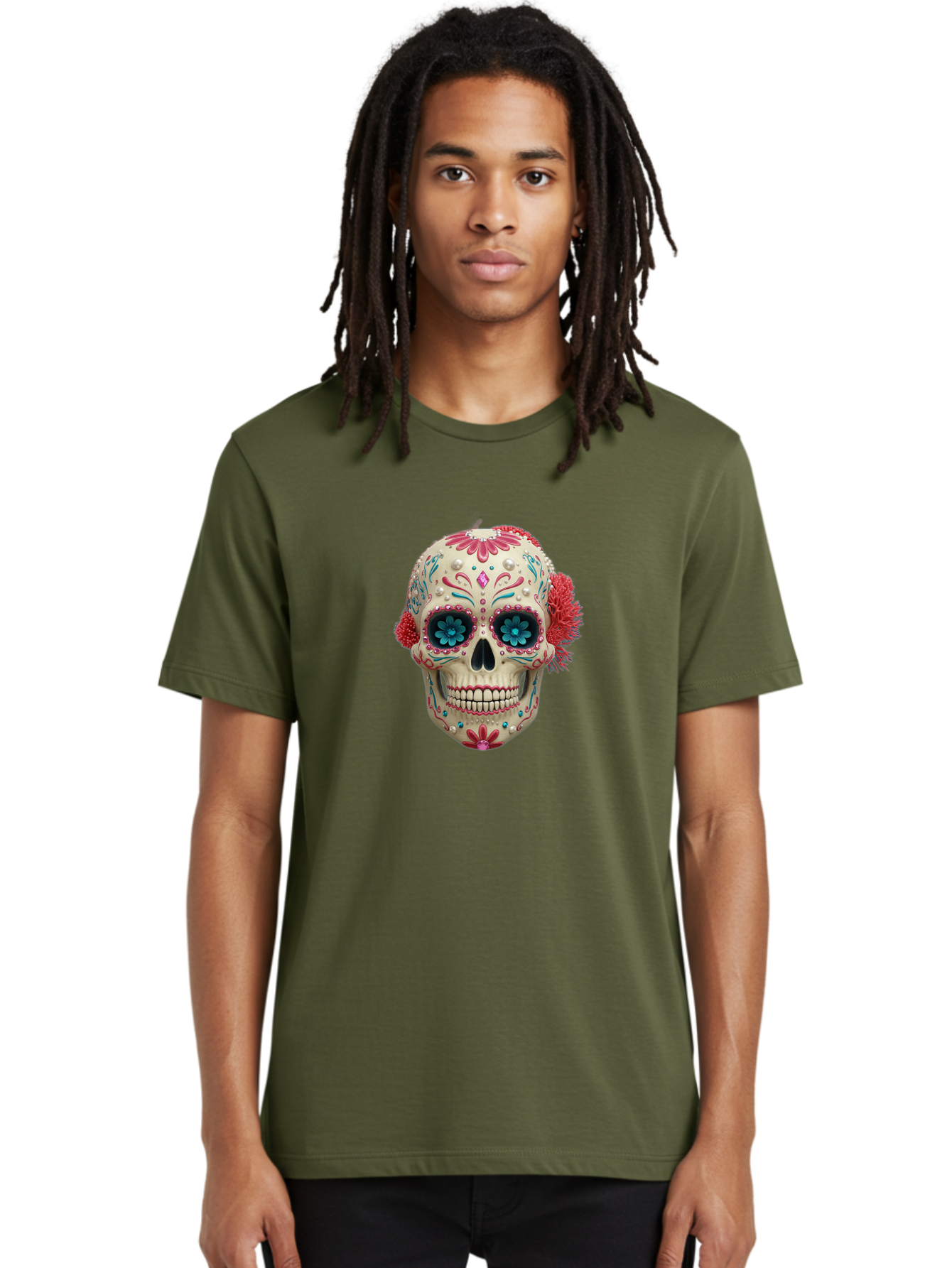 Sugar-Skull-18 Men'S Graphic Tee, 100% Cotton, Comfortable Casual Summer Wear, Machine Washable, Sugar Skull, Dia De Los Muertos, Vibrant Flowers, Colorful Decorations, Festive Atmosphere, Mexican Culture, Ornate Design, Floral Patterns, Bad767 28