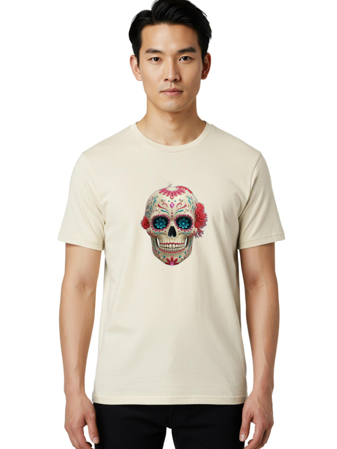 Sugar-Skull-18 Men'S Graphic Tee, 100% Cotton, Comfortable Casual Summer Wear, Machine Washable, Sugar Skull, Dia De Los Muertos, Vibrant Flowers, Colorful Decorations, Festive Atmosphere, Mexican Culture, Ornate Design, Floral Patterns, Bad767 17