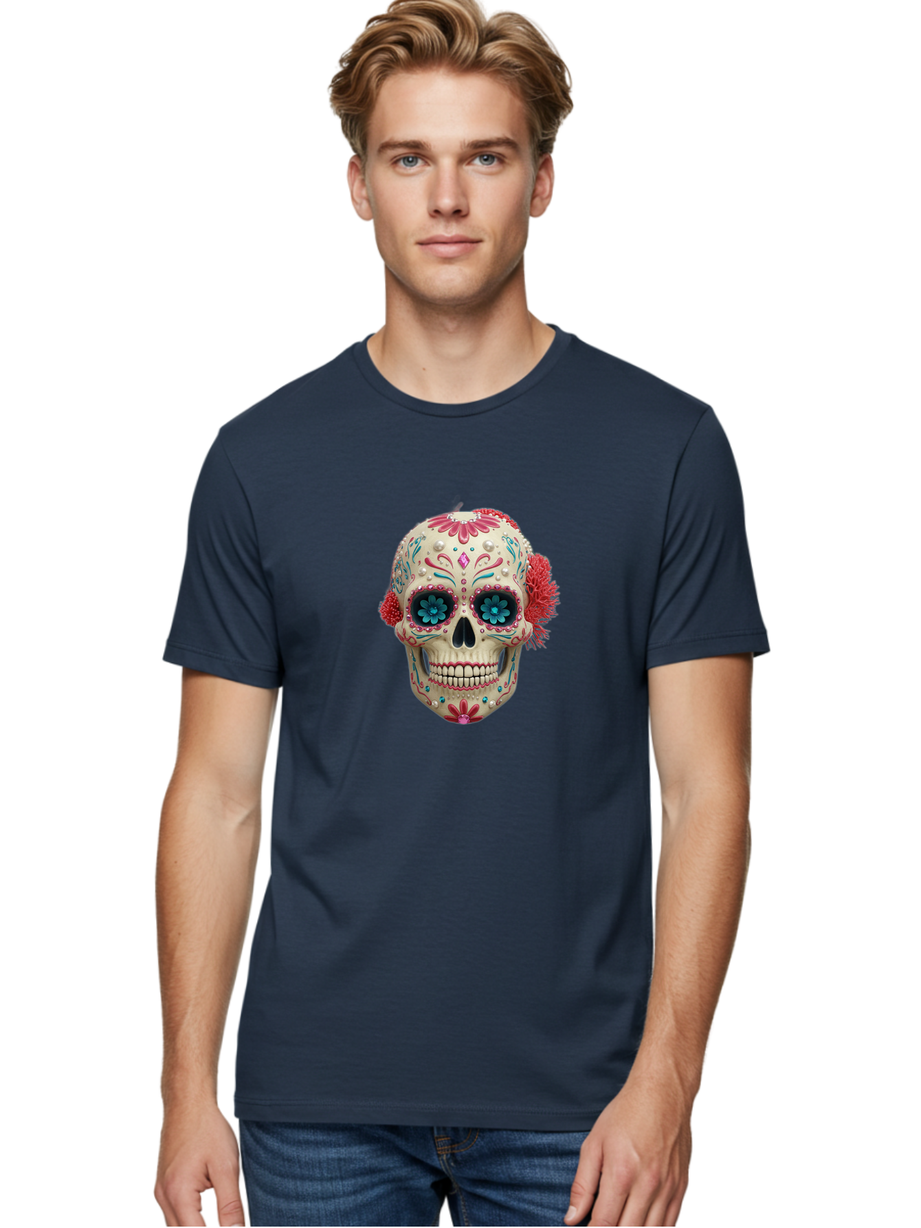 Sugar-Skull-18 Men'S Graphic Tee, 100% Cotton, Comfortable Casual Summer Wear, Machine Washable, Sugar Skull, Dia De Los Muertos, Vibrant Flowers, Colorful Decorations, Festive Atmosphere, Mexican Culture, Ornate Design, Floral Patterns, Bad767 18