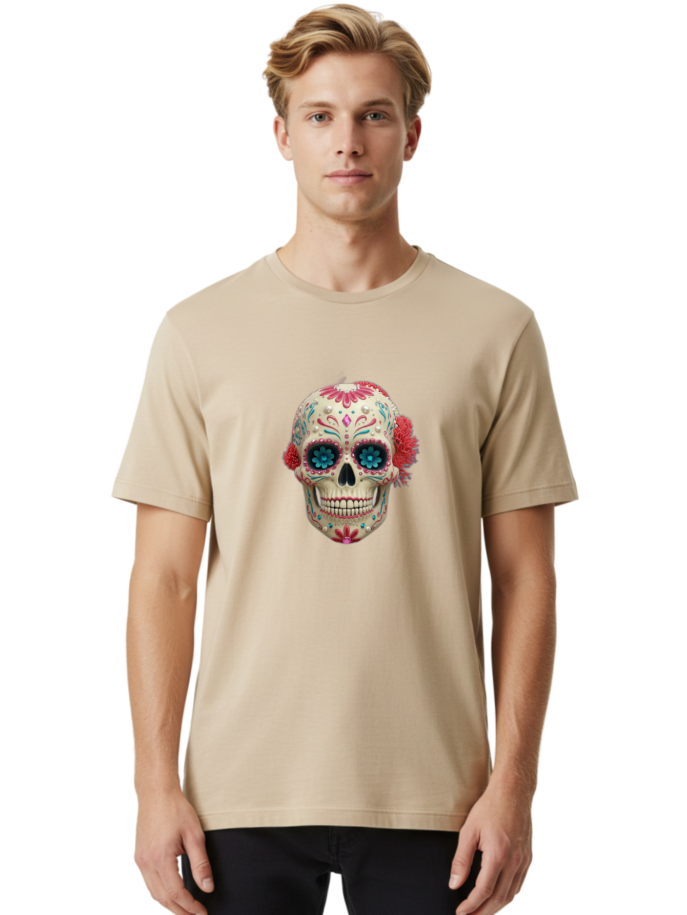 Sugar-Skull-18 Men'S Graphic Tee, 100% Cotton, Comfortable Casual Summer Wear, Machine Washable, Sugar Skull, Dia De Los Muertos, Vibrant Flowers, Colorful Decorations, Festive Atmosphere, Mexican Culture, Ornate Design, Floral Patterns, Bad767 27