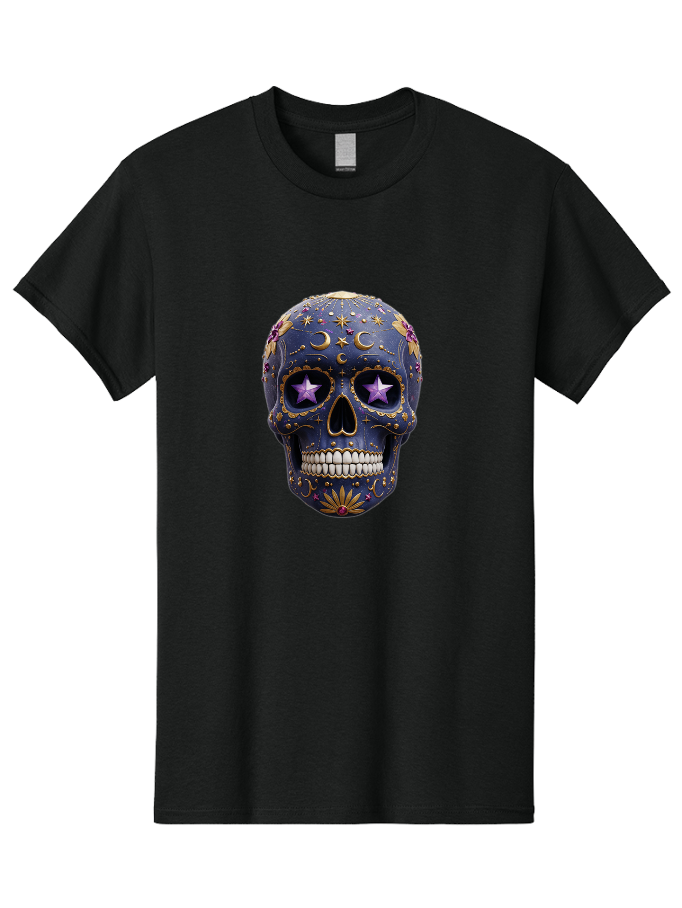 Sugar-Skull-19 Men'S Graphic Tee, 100% Cotton, Comfortable Casual Summer Wear, Machine Washable, Sugar Skull, Day Of The Dead, Decorative Skull, Mystical Symbols, Stars, Moon, Celestial Design, Vibrant Colors, Gold Accents, Purple Stars, Bad768 5