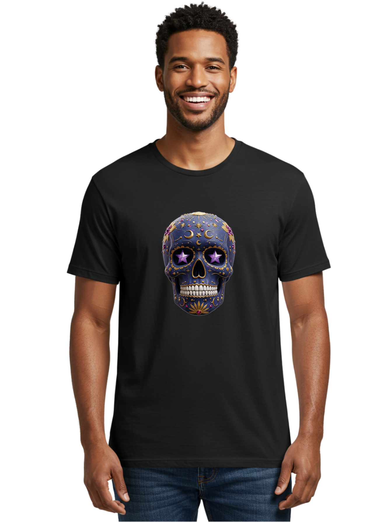 Sugar-Skull-19 Men'S Graphic Tee, 100% Cotton, Comfortable Casual Summer Wear, Machine Washable, Sugar Skull, Day Of The Dead, Decorative Skull, Mystical Symbols, Stars, Moon, Celestial Design, Vibrant Colors, Gold Accents, Purple Stars, Bad768 20