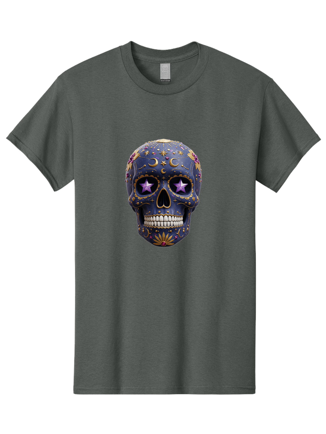 Sugar-Skull-19 Men'S Graphic Tee, 100% Cotton, Comfortable Casual Summer Wear, Machine Washable, Sugar Skull, Day Of The Dead, Decorative Skull, Mystical Symbols, Stars, Moon, Celestial Design, Vibrant Colors, Gold Accents, Purple Stars, Bad768 6
