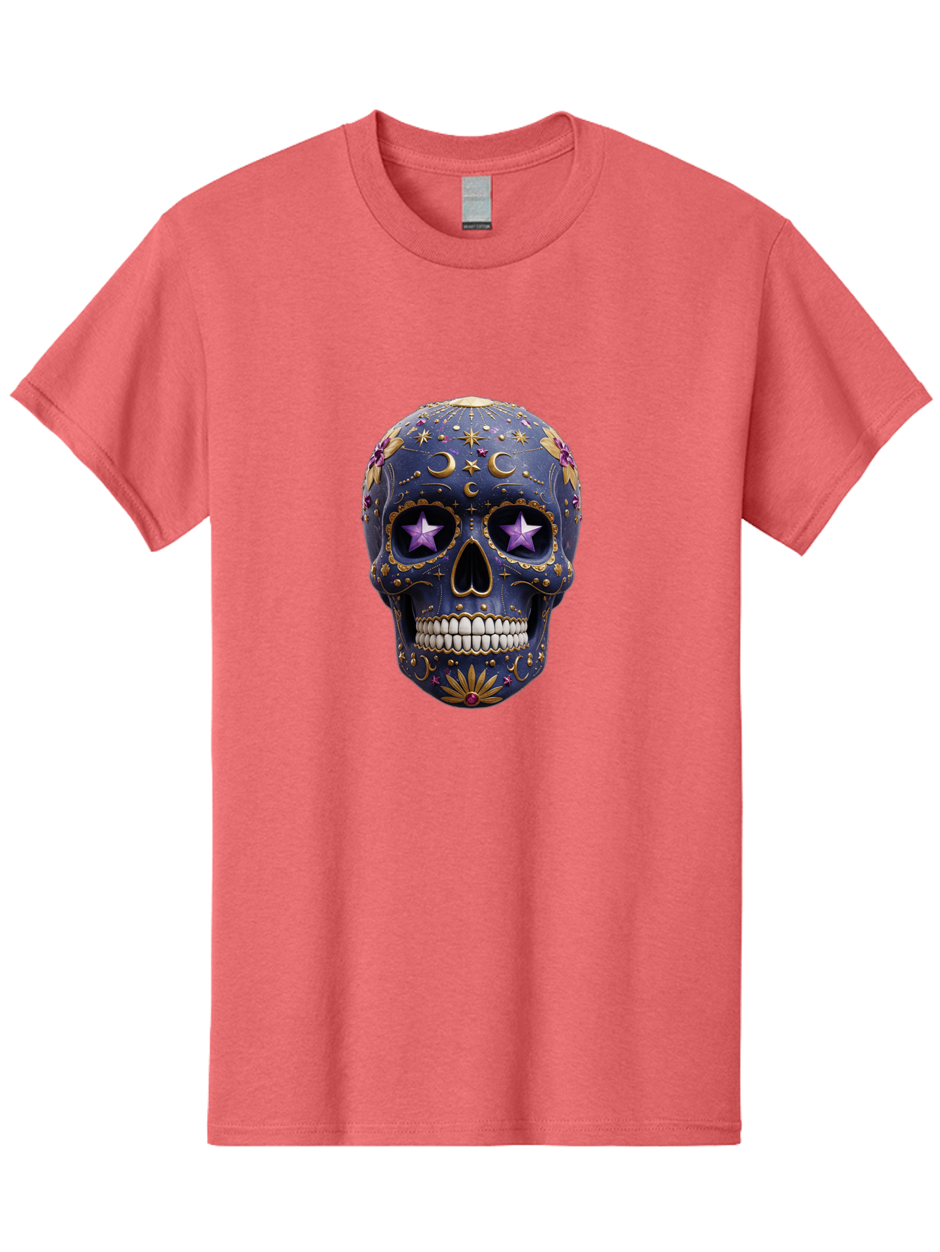 Sugar-Skull-19 Men'S Graphic Tee, 100% Cotton, Comfortable Casual Summer Wear, Machine Washable, Sugar Skull, Day Of The Dead, Decorative Skull, Mystical Symbols, Stars, Moon, Celestial Design, Vibrant Colors, Gold Accents, Purple Stars, Bad768 12
