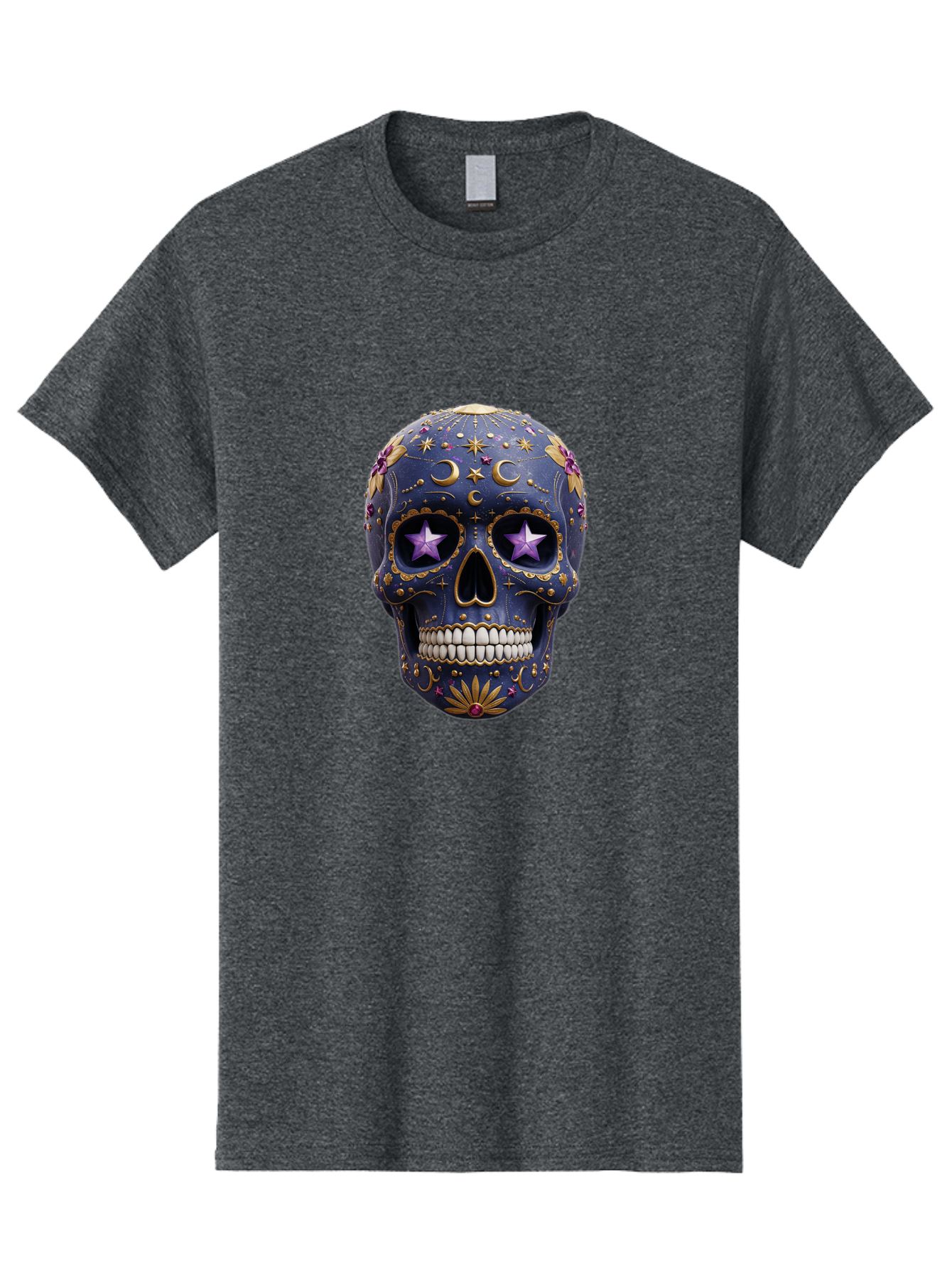Sugar-Skull-19 Men'S Graphic Tee, 100% Cotton, Comfortable Casual Summer Wear, Machine Washable, Sugar Skull, Day Of The Dead, Decorative Skull, Mystical Symbols, Stars, Moon, Celestial Design, Vibrant Colors, Gold Accents, Purple Stars, Bad768 9