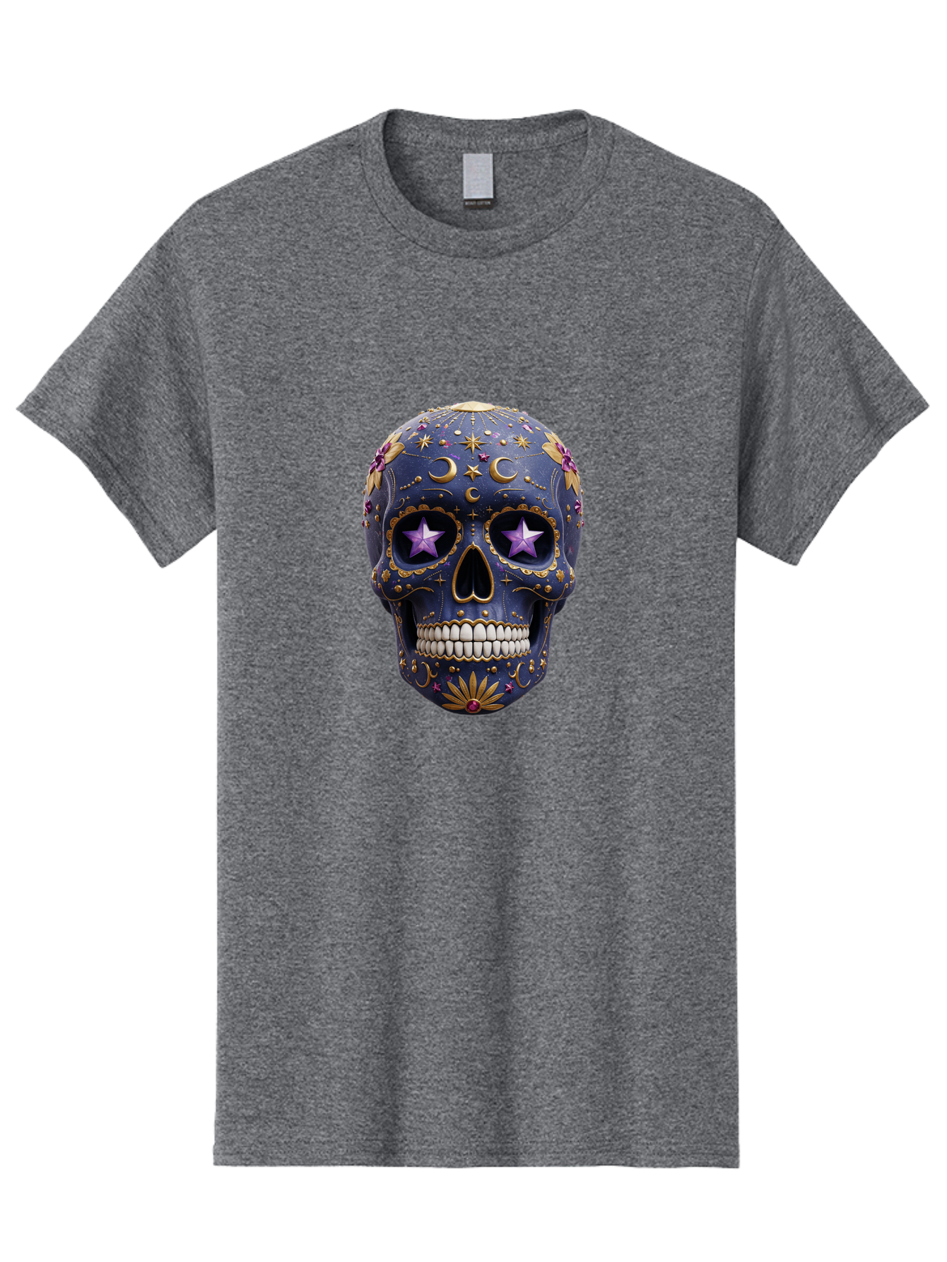 Sugar-Skull-19 Men'S Graphic Tee, 100% Cotton, Comfortable Casual Summer Wear, Machine Washable, Sugar Skull, Day Of The Dead, Decorative Skull, Mystical Symbols, Stars, Moon, Celestial Design, Vibrant Colors, Gold Accents, Purple Stars, Bad768 13