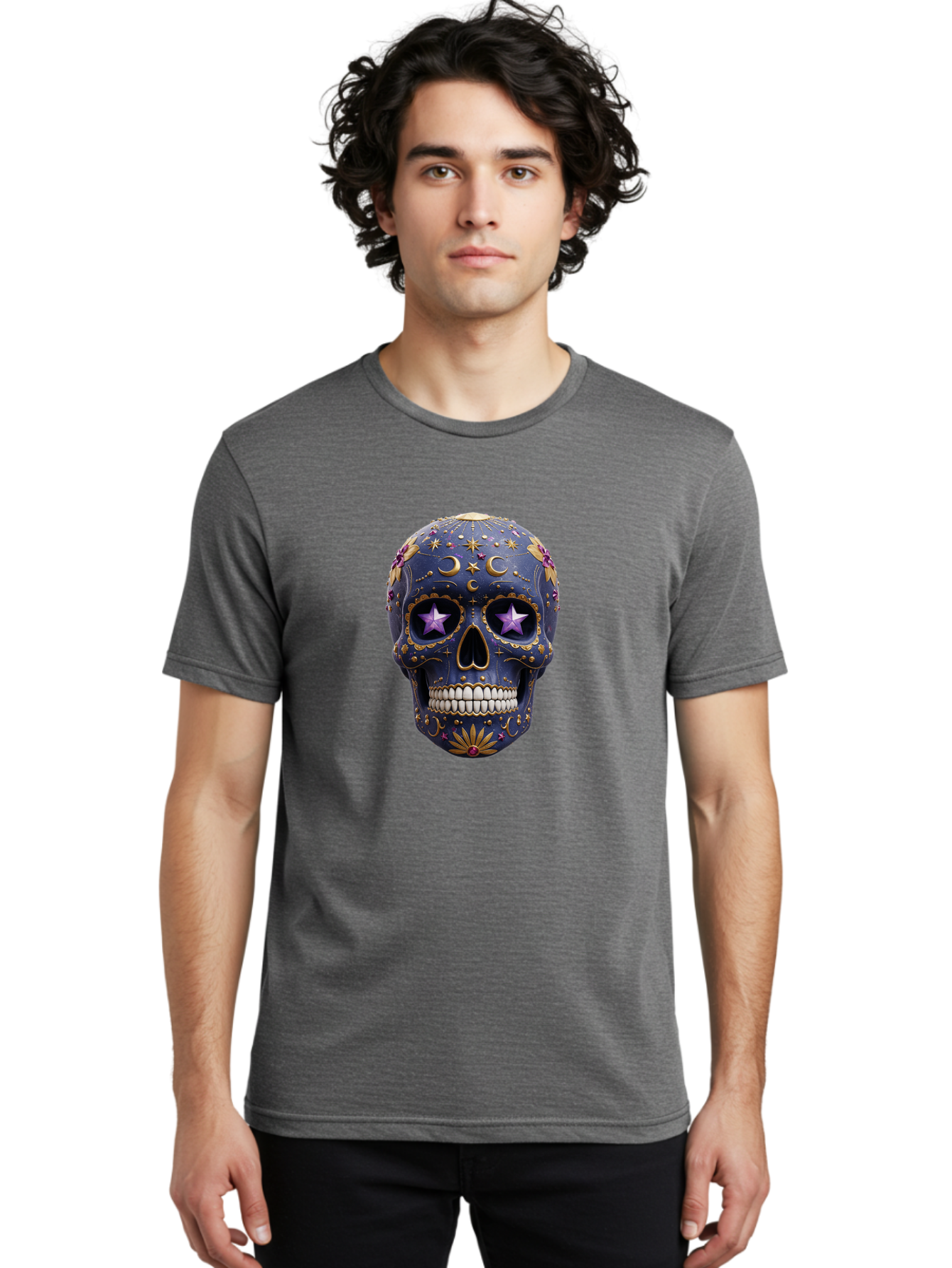Sugar-Skull-19 Men'S Graphic Tee, 100% Cotton, Comfortable Casual Summer Wear, Machine Washable, Sugar Skull, Day Of The Dead, Decorative Skull, Mystical Symbols, Stars, Moon, Celestial Design, Vibrant Colors, Gold Accents, Purple Stars, Bad768 28