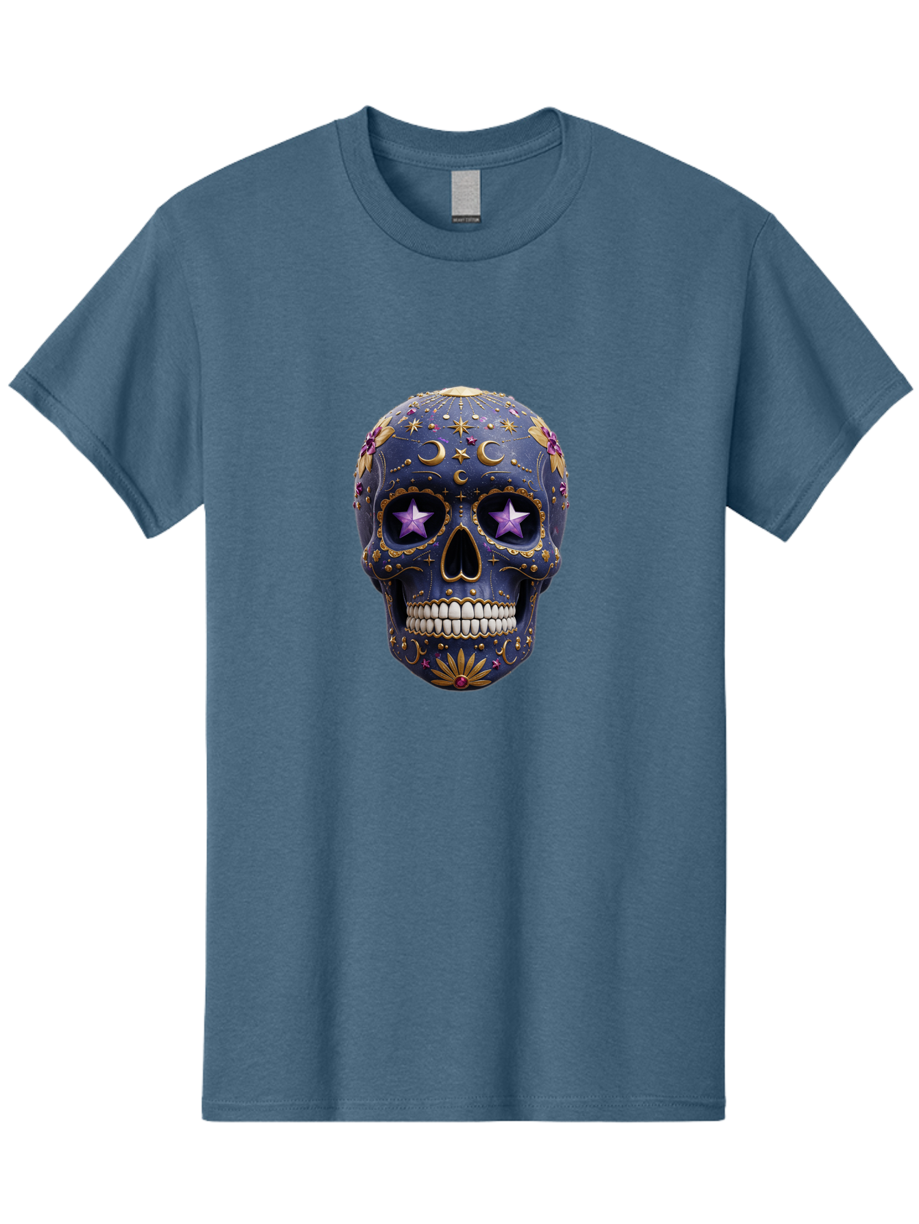 Sugar-Skull-19 Men'S Graphic Tee, 100% Cotton, Comfortable Casual Summer Wear, Machine Washable, Sugar Skull, Day Of The Dead, Decorative Skull, Mystical Symbols, Stars, Moon, Celestial Design, Vibrant Colors, Gold Accents, Purple Stars, Bad768 10