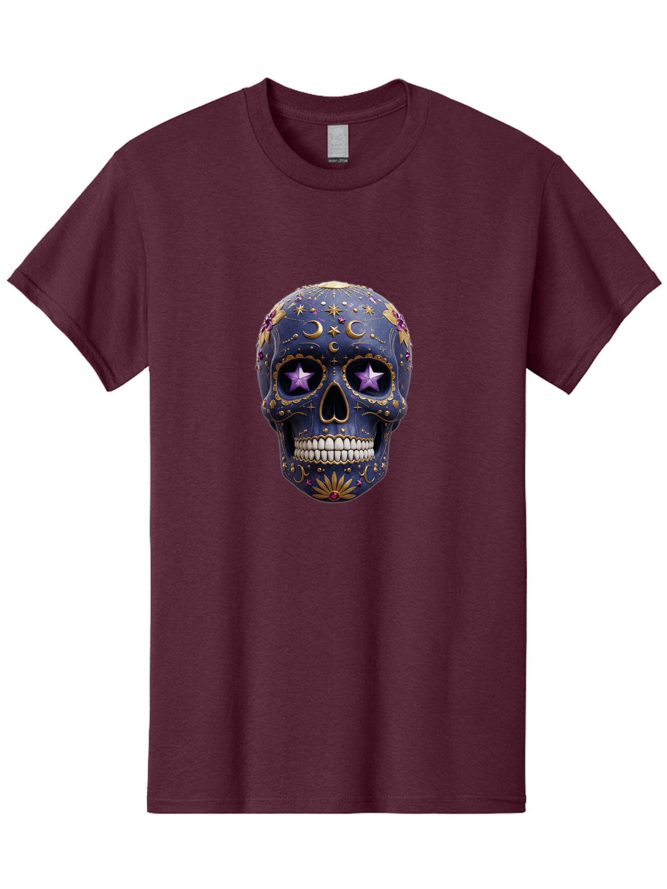 Sugar-Skull-19 Men'S Graphic Tee, 100% Cotton, Comfortable Casual Summer Wear, Machine Washable, Sugar Skull, Day Of The Dead, Decorative Skull, Mystical Symbols, Stars, Moon, Celestial Design, Vibrant Colors, Gold Accents, Purple Stars, Bad768 1