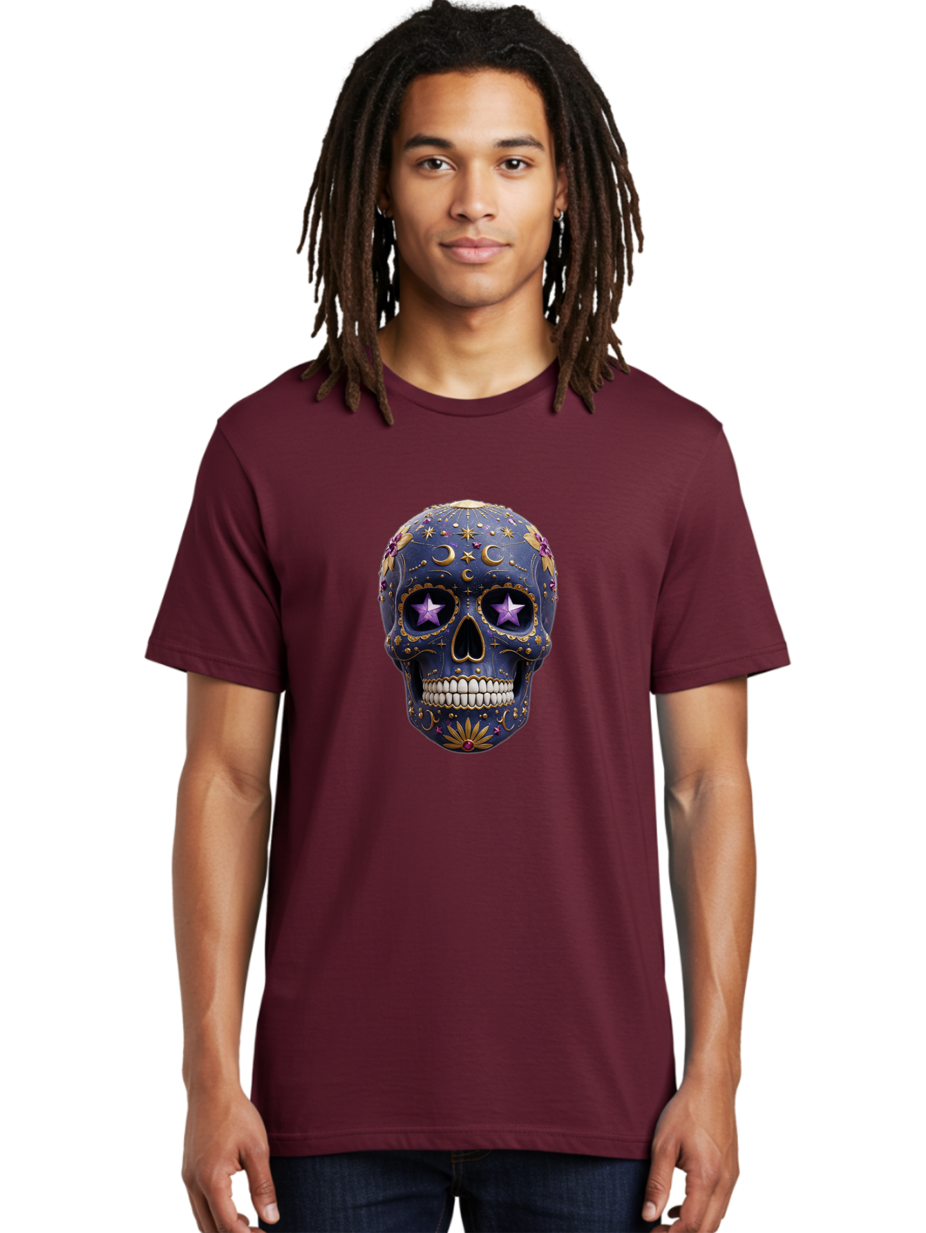 Sugar-Skull-19 Men'S Graphic Tee, 100% Cotton, Comfortable Casual Summer Wear, Machine Washable, Sugar Skull, Day Of The Dead, Decorative Skull, Mystical Symbols, Stars, Moon, Celestial Design, Vibrant Colors, Gold Accents, Purple Stars, Bad768 16