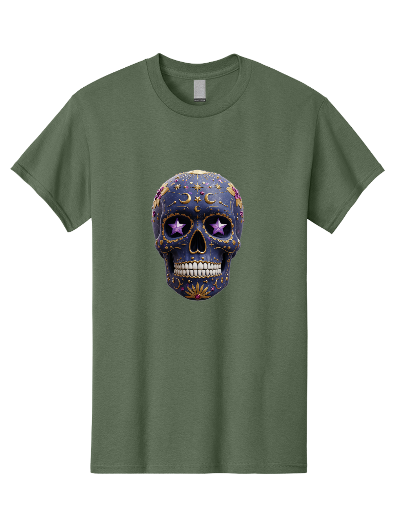 Sugar-Skull-19 Men'S Graphic Tee, 100% Cotton, Comfortable Casual Summer Wear, Machine Washable, Sugar Skull, Day Of The Dead, Decorative Skull, Mystical Symbols, Stars, Moon, Celestial Design, Vibrant Colors, Gold Accents, Purple Stars, Bad768 3