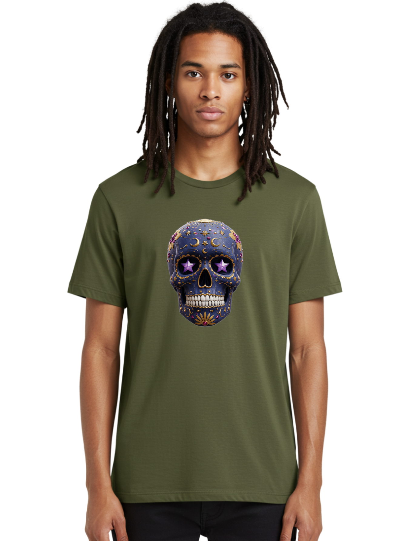 Sugar-Skull-19 Men'S Graphic Tee, 100% Cotton, Comfortable Casual Summer Wear, Machine Washable, Sugar Skull, Day Of The Dead, Decorative Skull, Mystical Symbols, Stars, Moon, Celestial Design, Vibrant Colors, Gold Accents, Purple Stars, Bad768 18