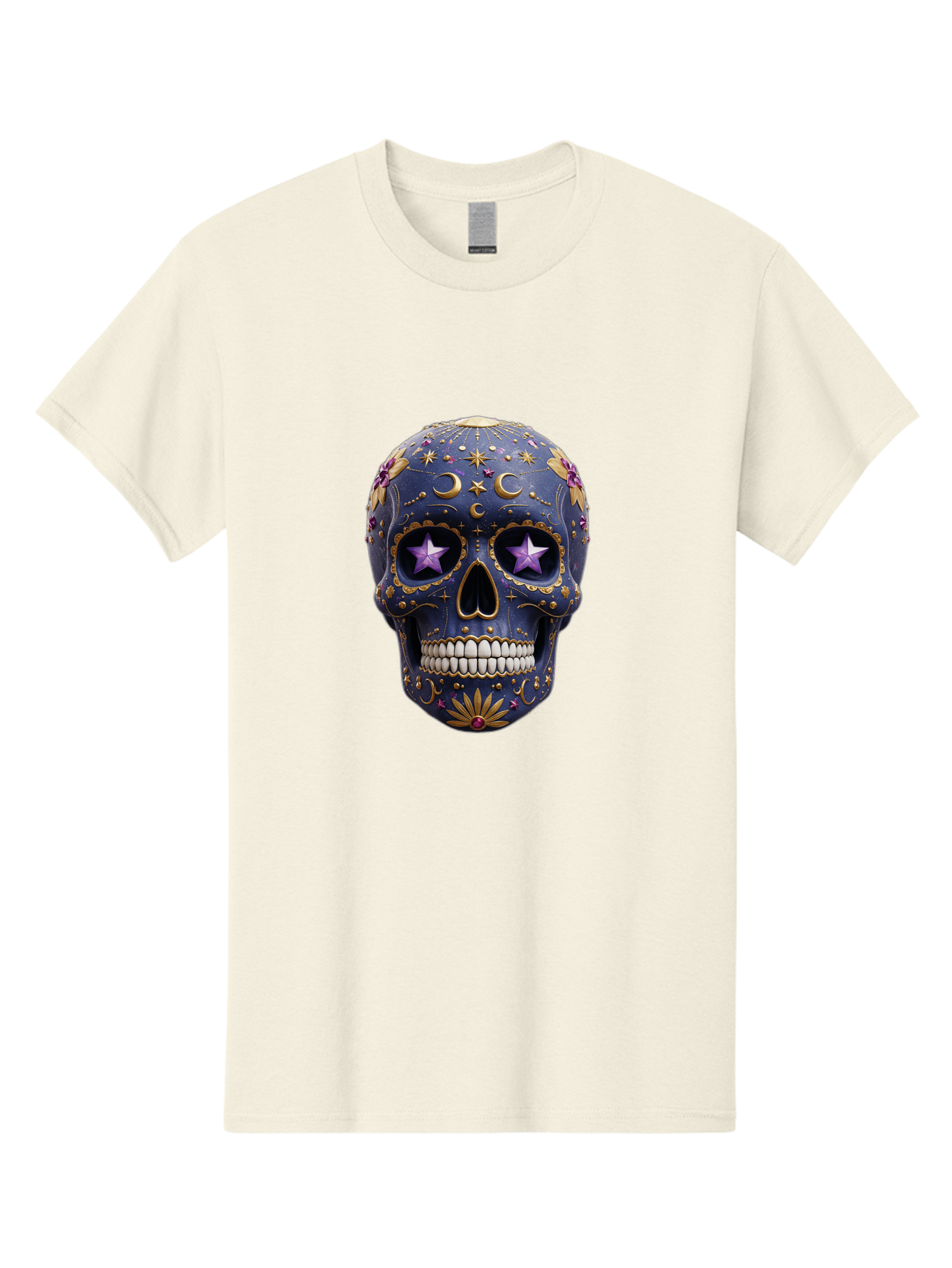 Sugar-Skull-19 Men'S Graphic Tee, 100% Cotton, Comfortable Casual Summer Wear, Machine Washable, Sugar Skull, Day Of The Dead, Decorative Skull, Mystical Symbols, Stars, Moon, Celestial Design, Vibrant Colors, Gold Accents, Purple Stars, Bad768 7