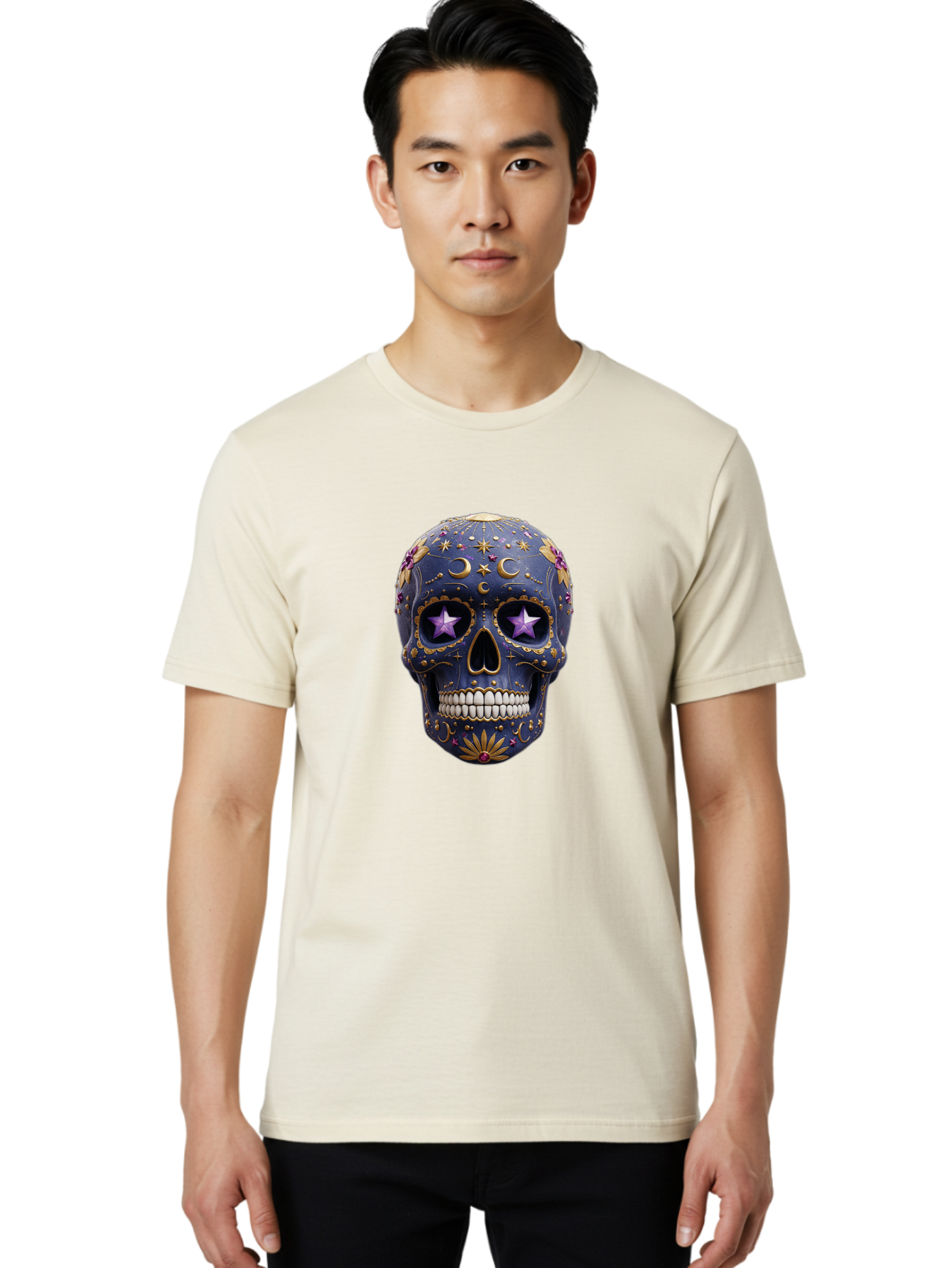 Sugar-Skull-19 Men'S Graphic Tee, 100% Cotton, Comfortable Casual Summer Wear, Machine Washable, Sugar Skull, Day Of The Dead, Decorative Skull, Mystical Symbols, Stars, Moon, Celestial Design, Vibrant Colors, Gold Accents, Purple Stars, Bad768 22