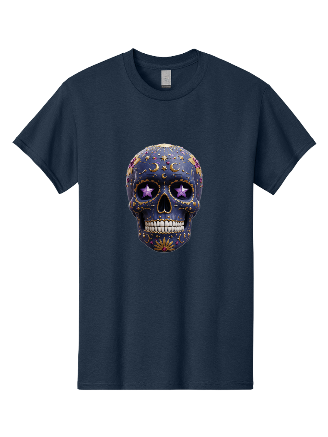Sugar-Skull-19 Men'S Graphic Tee, 100% Cotton, Comfortable Casual Summer Wear, Machine Washable, Sugar Skull, Day Of The Dead, Decorative Skull, Mystical Symbols, Stars, Moon, Celestial Design, Vibrant Colors, Gold Accents, Purple Stars, Bad768 15