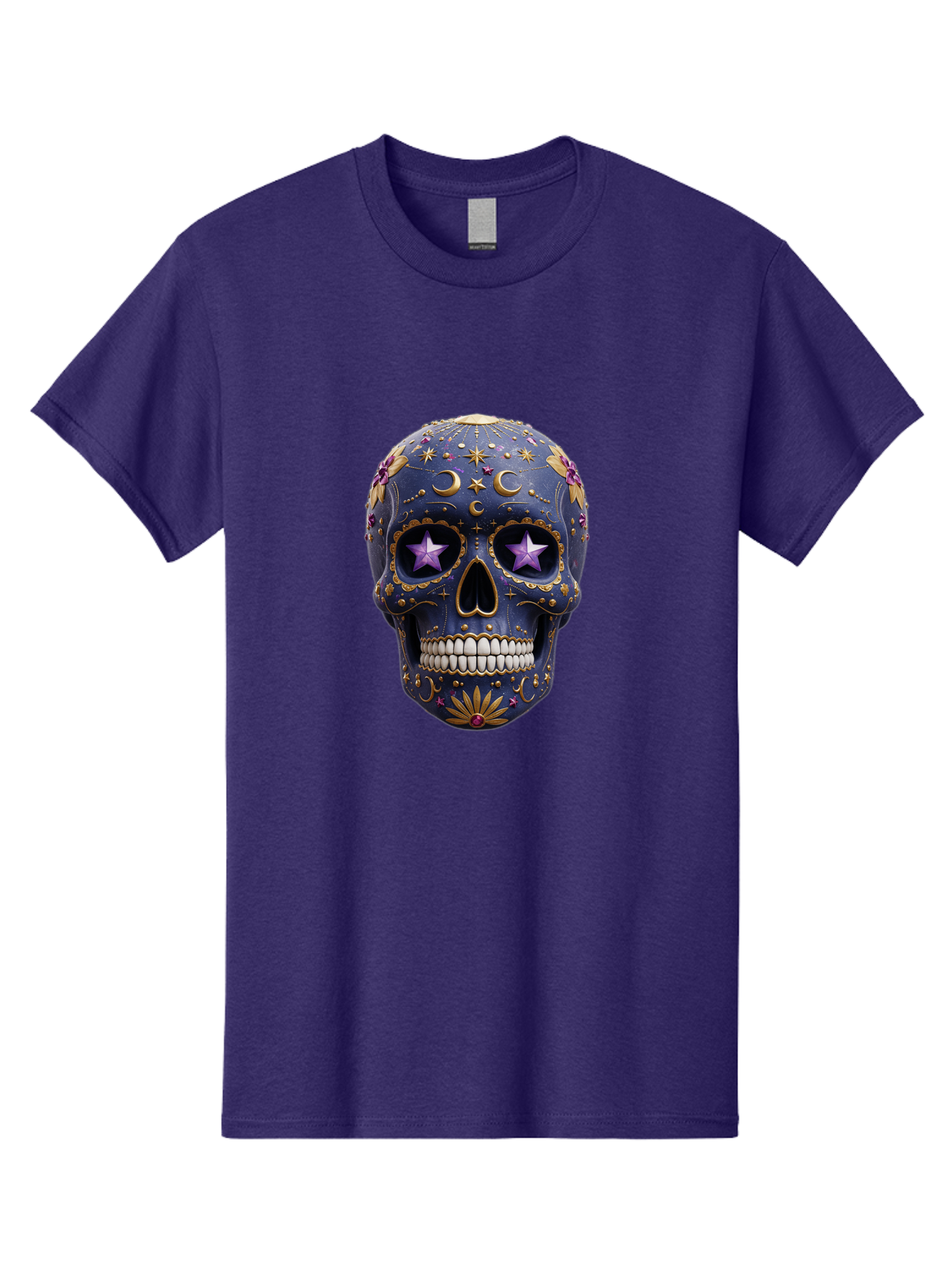 Sugar-Skull-19 Men'S Graphic Tee, 100% Cotton, Comfortable Casual Summer Wear, Machine Washable, Sugar Skull, Day Of The Dead, Decorative Skull, Mystical Symbols, Stars, Moon, Celestial Design, Vibrant Colors, Gold Accents, Purple Stars, Bad768 8