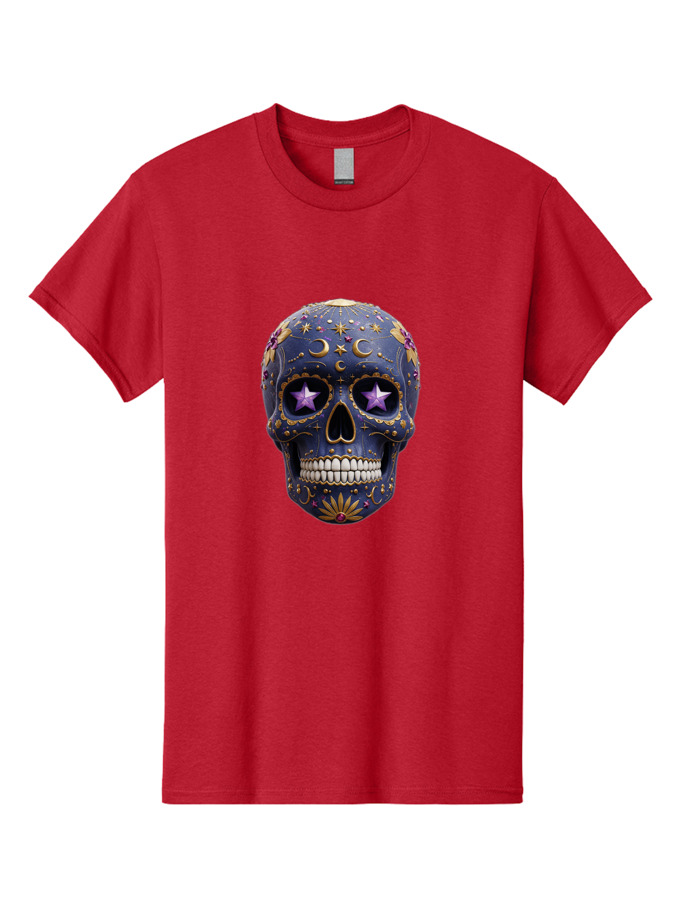 Sugar-Skull-19 Men'S Graphic Tee, 100% Cotton, Comfortable Casual Summer Wear, Machine Washable, Sugar Skull, Day Of The Dead, Decorative Skull, Mystical Symbols, Stars, Moon, Celestial Design, Vibrant Colors, Gold Accents, Purple Stars, Bad768 11