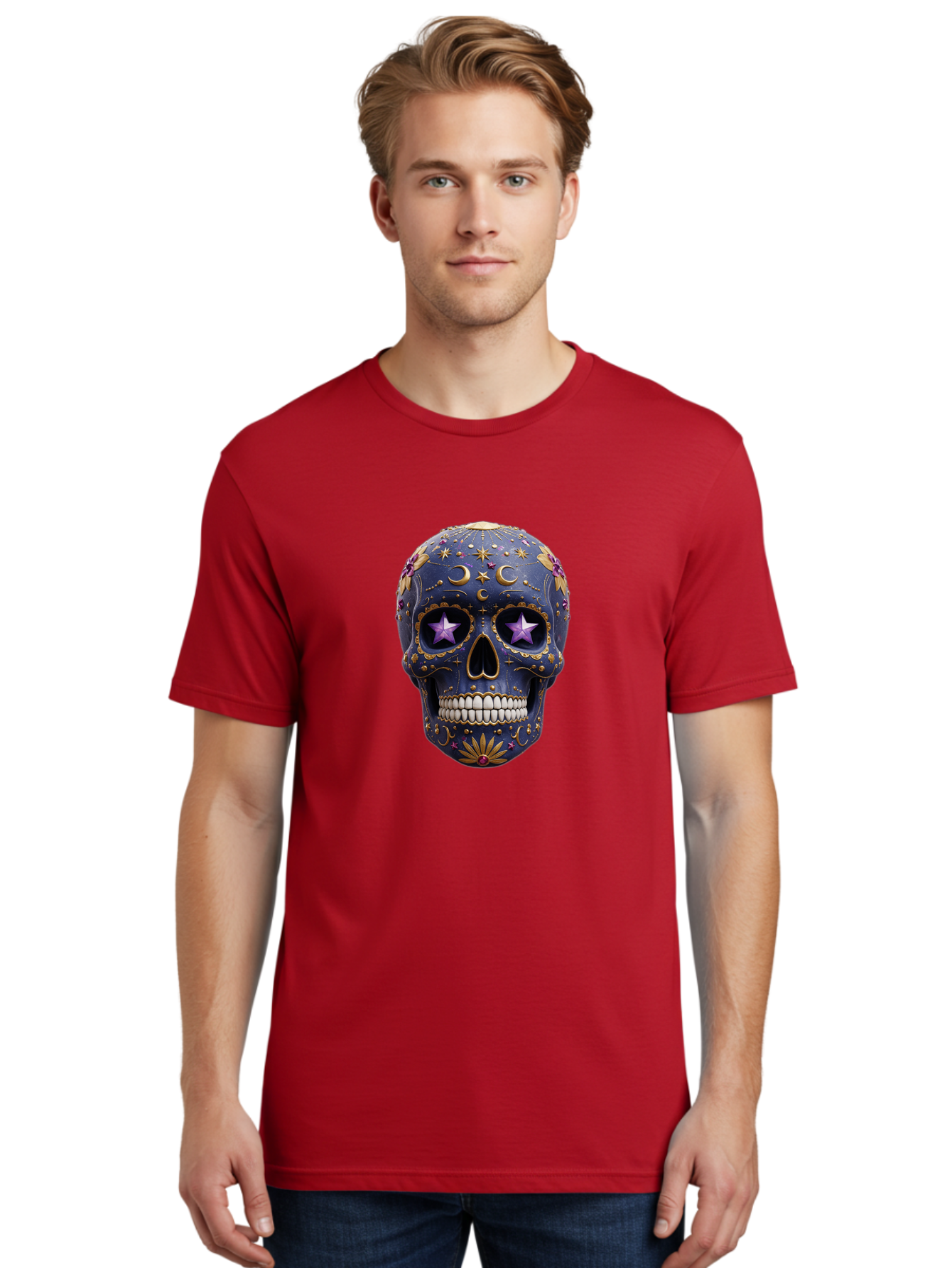 Sugar-Skull-19 Men'S Graphic Tee, 100% Cotton, Comfortable Casual Summer Wear, Machine Washable, Sugar Skull, Day Of The Dead, Decorative Skull, Mystical Symbols, Stars, Moon, Celestial Design, Vibrant Colors, Gold Accents, Purple Stars, Bad768 26