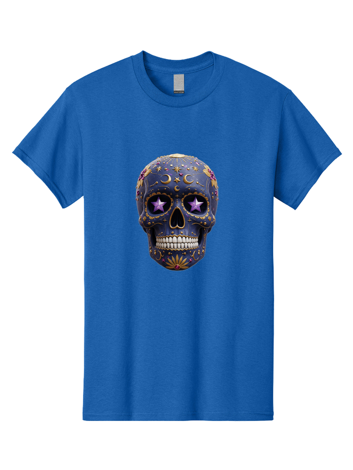 Sugar-Skull-19 Men'S Graphic Tee, 100% Cotton, Comfortable Casual Summer Wear, Machine Washable, Sugar Skull, Day Of The Dead, Decorative Skull, Mystical Symbols, Stars, Moon, Celestial Design, Vibrant Colors, Gold Accents, Purple Stars, Bad768 2