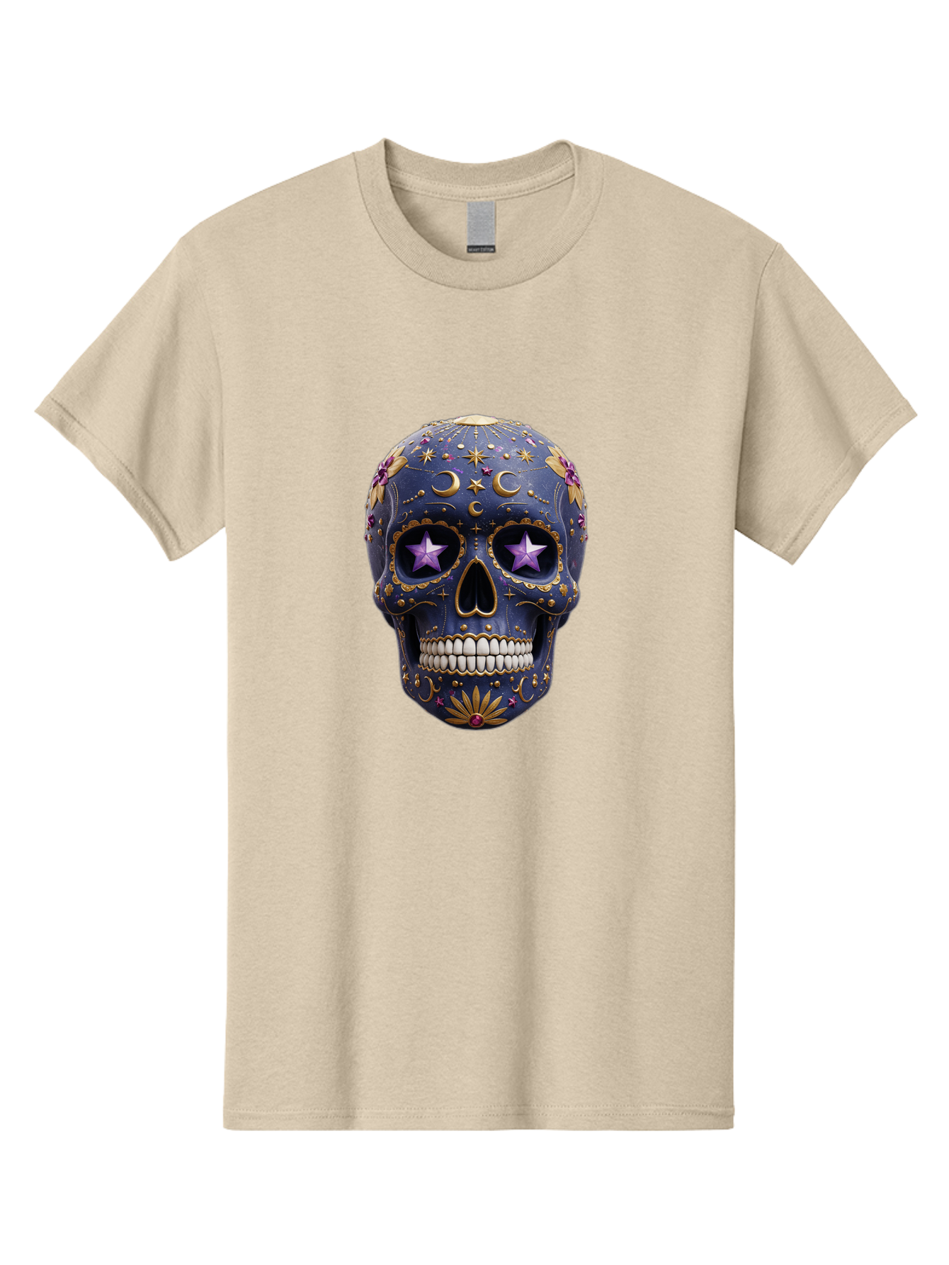 Sugar-Skull-19 Men'S Graphic Tee, 100% Cotton, Comfortable Casual Summer Wear, Machine Washable, Sugar Skull, Day Of The Dead, Decorative Skull, Mystical Symbols, Stars, Moon, Celestial Design, Vibrant Colors, Gold Accents, Purple Stars, Bad768 4