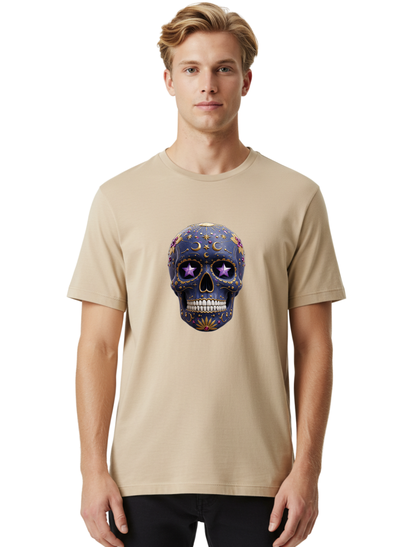 Sugar-Skull-19 Men'S Graphic Tee, 100% Cotton, Comfortable Casual Summer Wear, Machine Washable, Sugar Skull, Day Of The Dead, Decorative Skull, Mystical Symbols, Stars, Moon, Celestial Design, Vibrant Colors, Gold Accents, Purple Stars, Bad768 19