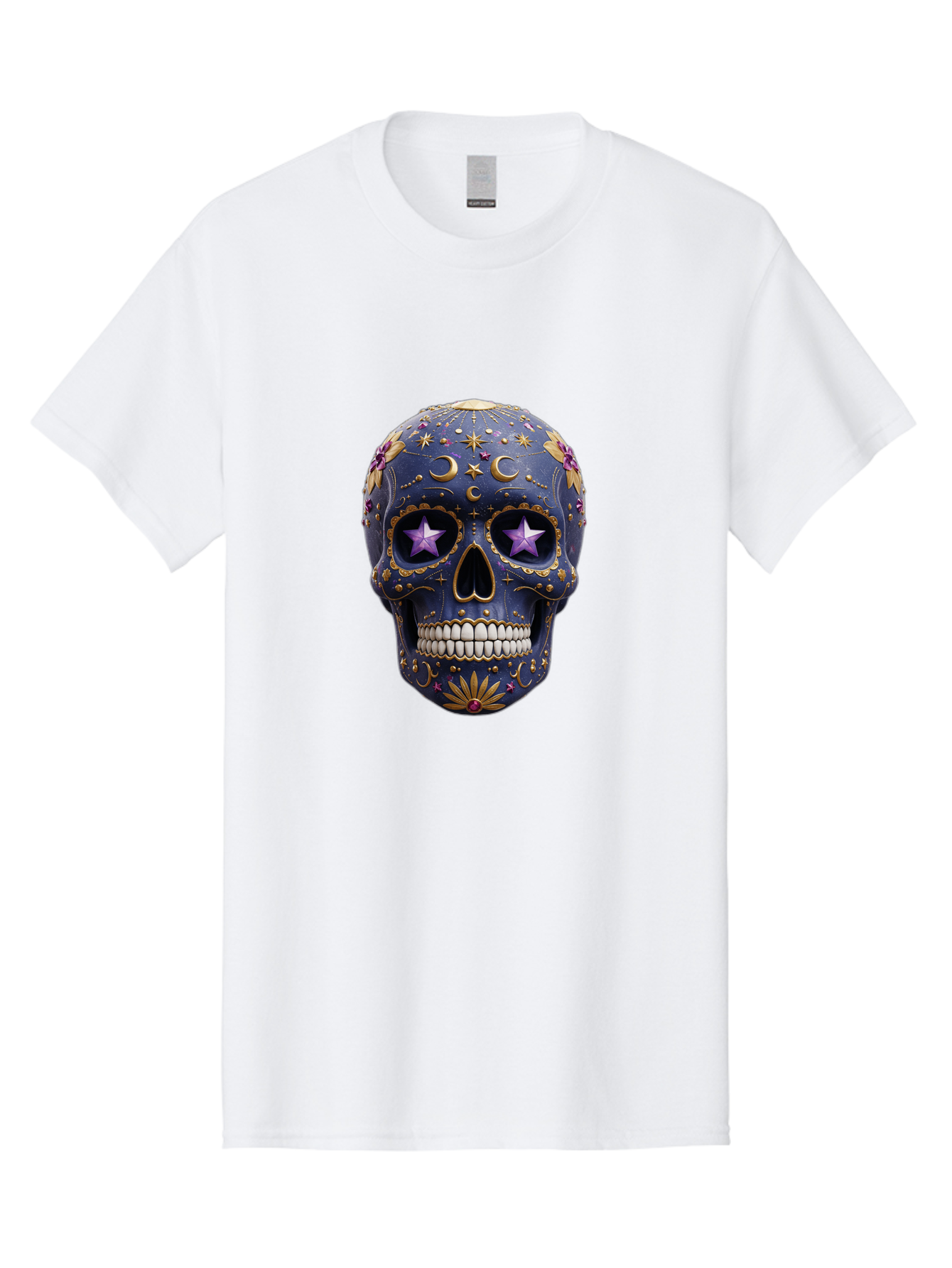 Sugar-Skull-19 Men'S Graphic Tee, 100% Cotton, Comfortable Casual Summer Wear, Machine Washable, Sugar Skull, Day Of The Dead, Decorative Skull, Mystical Symbols, Stars, Moon, Celestial Design, Vibrant Colors, Gold Accents, Purple Stars, Bad768 14