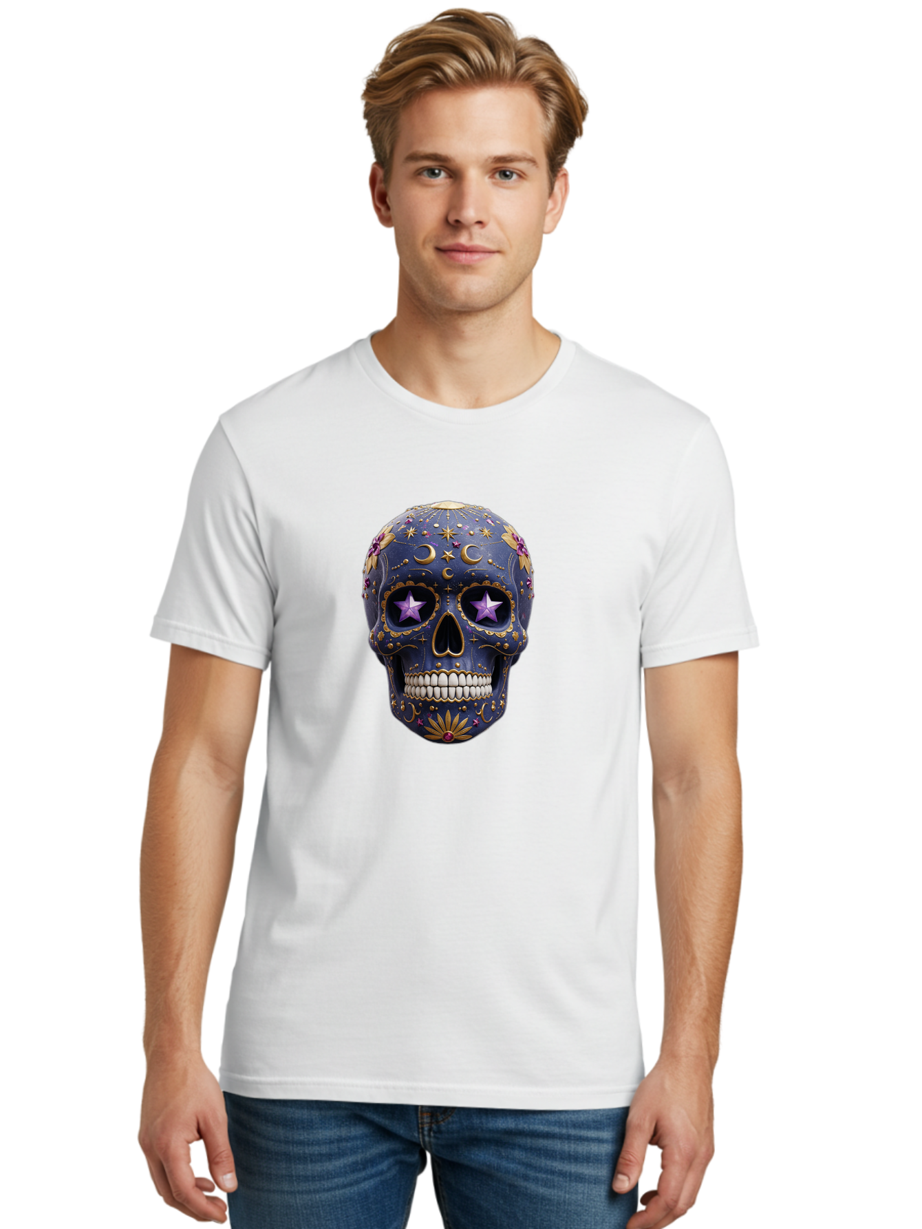 Sugar-Skull-19 Men'S Graphic Tee, 100% Cotton, Comfortable Casual Summer Wear, Machine Washable, Sugar Skull, Day Of The Dead, Decorative Skull, Mystical Symbols, Stars, Moon, Celestial Design, Vibrant Colors, Gold Accents, Purple Stars, Bad768 29