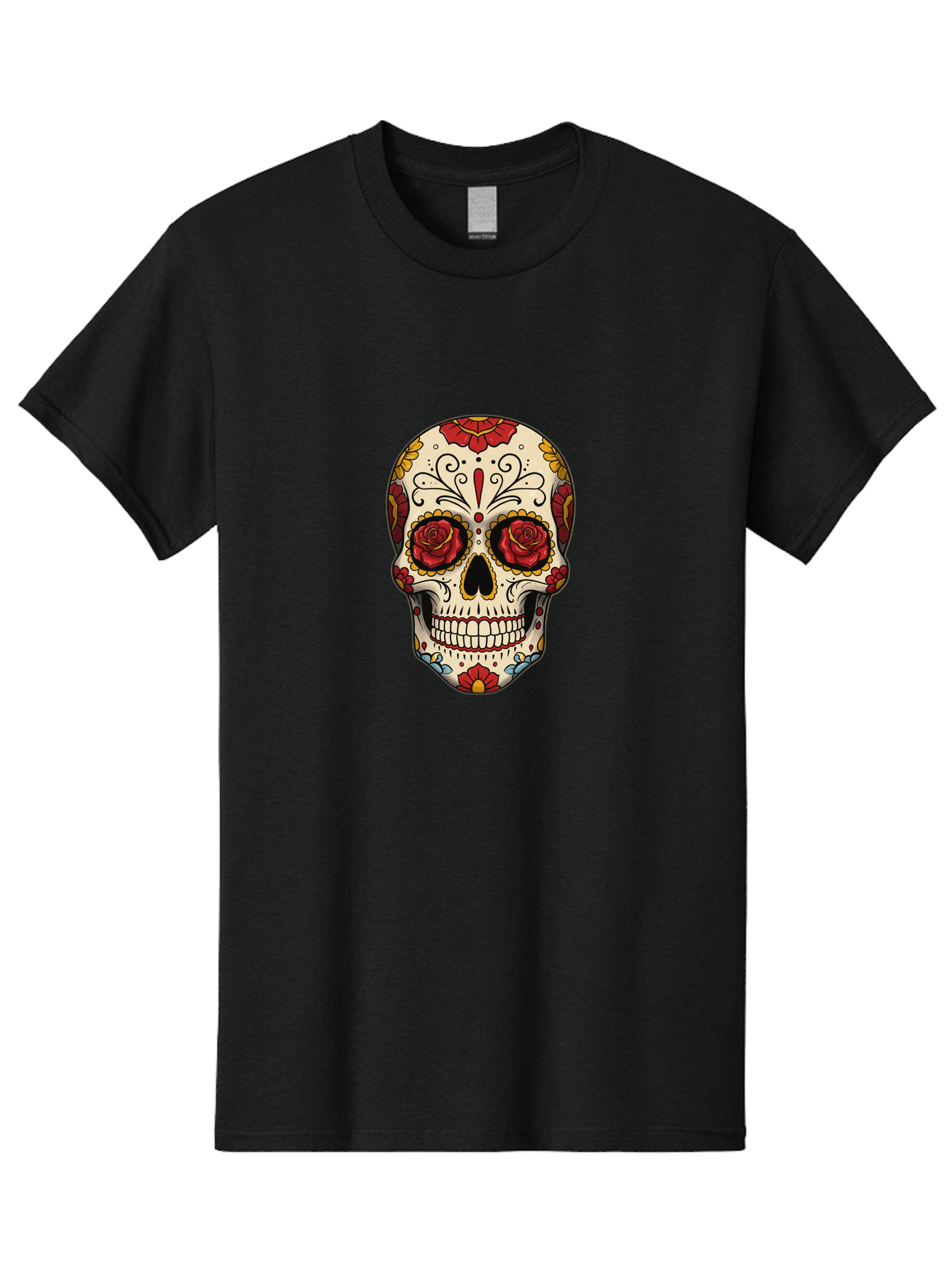 Sugar-Skull-2 Men'S Graphic Tee, 100% Cotton, Comfortable Casual Summer Wear, Machine Washable, Sugar Skull, Day Of The Dead, Floral Design, Red Roses, Skull Art, Vibrant Colors, Mexican Culture, Decorative Skull, Intricate Patterns, Bad769 10