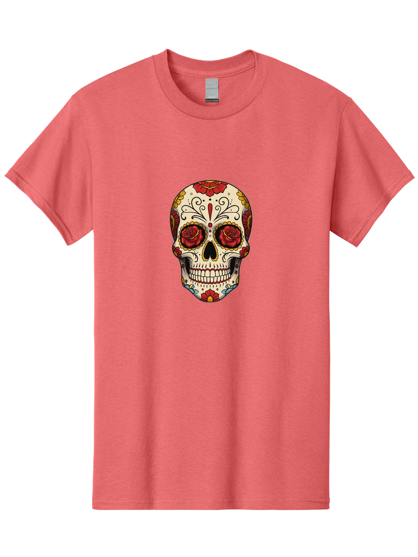 Sugar-Skull-2 Men'S Graphic Tee, 100% Cotton, Comfortable Casual Summer Wear, Machine Washable, Sugar Skull, Day Of The Dead, Floral Design, Red Roses, Skull Art, Vibrant Colors, Mexican Culture, Decorative Skull, Intricate Patterns, Bad769 1