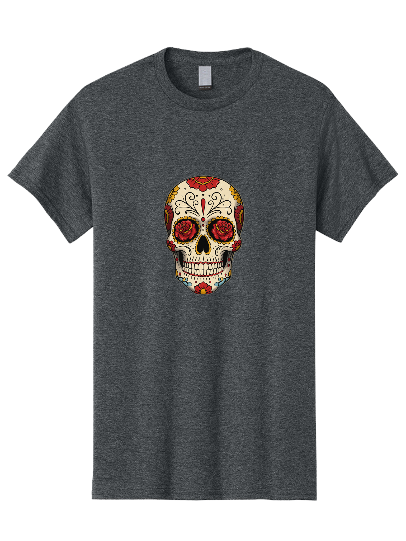 Sugar-Skull-2 Men'S Graphic Tee, 100% Cotton, Comfortable Casual Summer Wear, Machine Washable, Sugar Skull, Day Of The Dead, Floral Design, Red Roses, Skull Art, Vibrant Colors, Mexican Culture, Decorative Skull, Intricate Patterns, Bad769 4