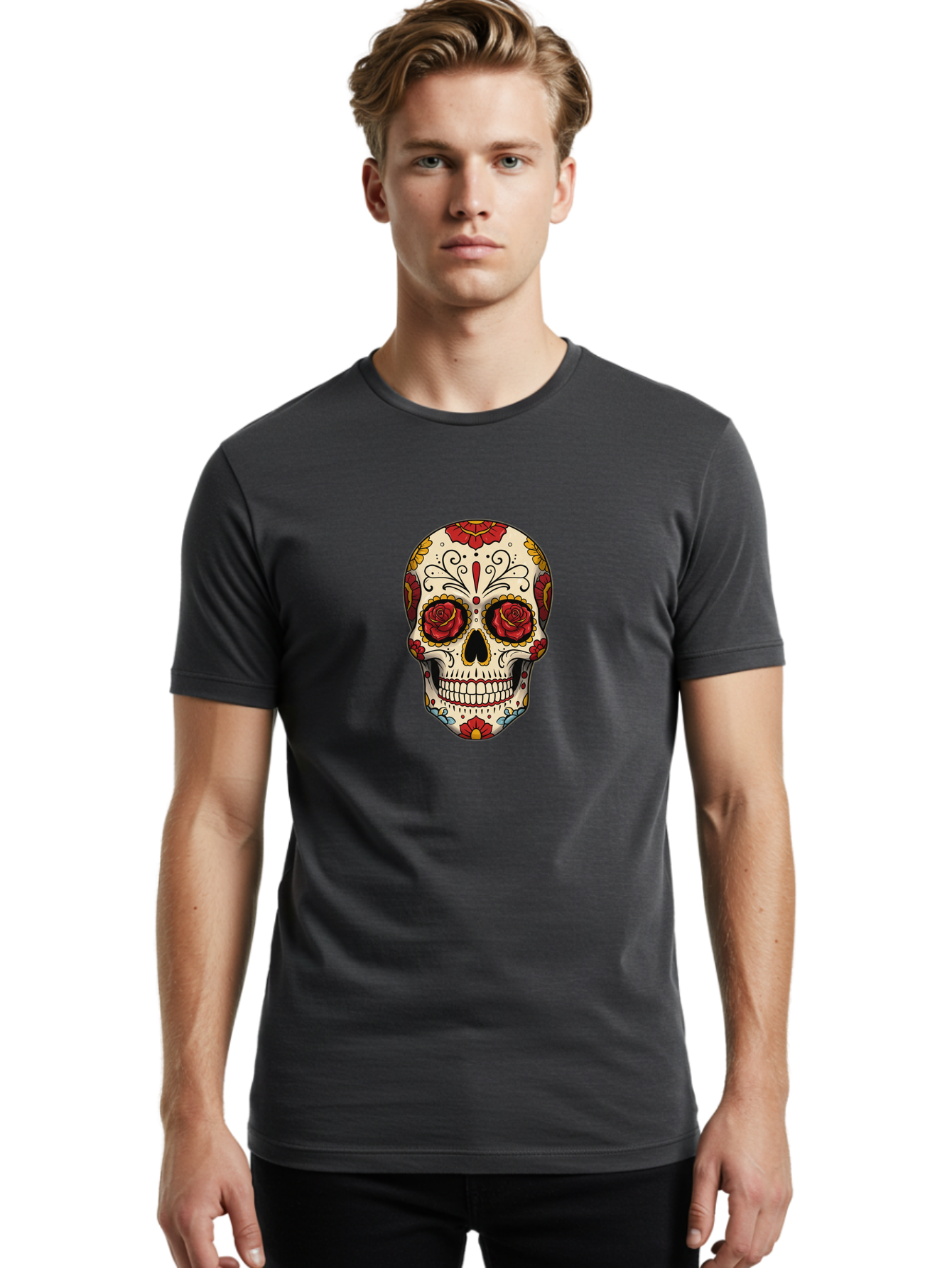 Sugar-Skull-2 Men'S Graphic Tee, 100% Cotton, Comfortable Casual Summer Wear, Machine Washable, Sugar Skull, Day Of The Dead, Floral Design, Red Roses, Skull Art, Vibrant Colors, Mexican Culture, Decorative Skull, Intricate Patterns, Bad769 19