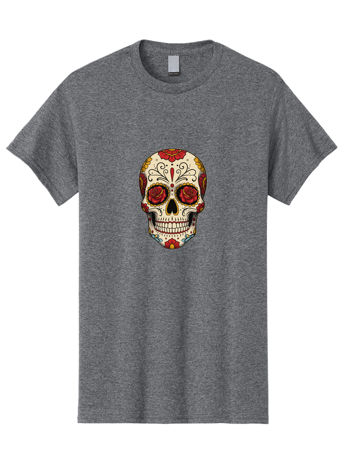 Sugar-Skull-2 Men'S Graphic Tee, 100% Cotton, Comfortable Casual Summer Wear, Machine Washable, Sugar Skull, Day Of The Dead, Floral Design, Red Roses, Skull Art, Vibrant Colors, Mexican Culture, Decorative Skull, Intricate Patterns, Bad769 5