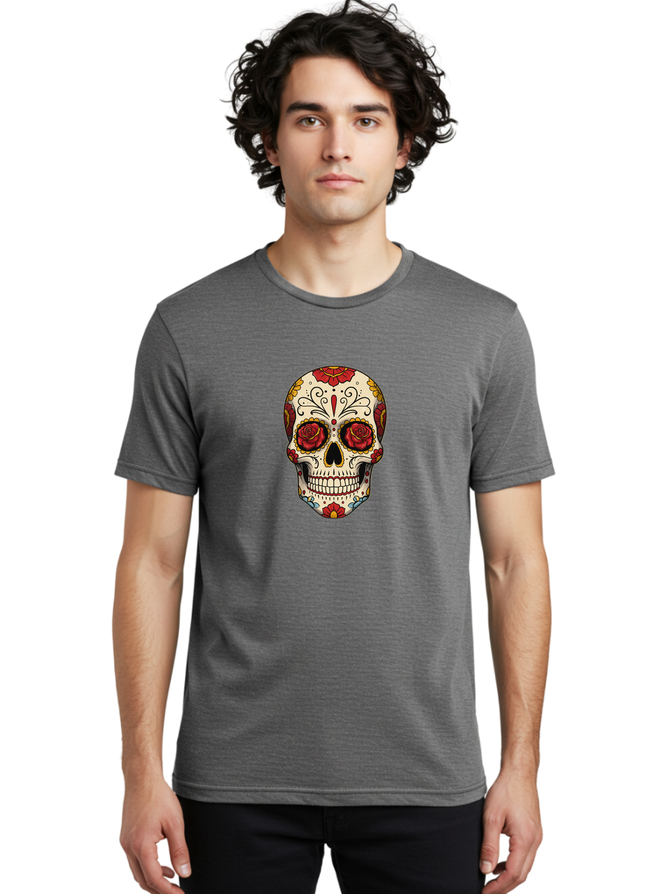 Sugar-Skull-2 Men'S Graphic Tee, 100% Cotton, Comfortable Casual Summer Wear, Machine Washable, Sugar Skull, Day Of The Dead, Floral Design, Red Roses, Skull Art, Vibrant Colors, Mexican Culture, Decorative Skull, Intricate Patterns, Bad769 20