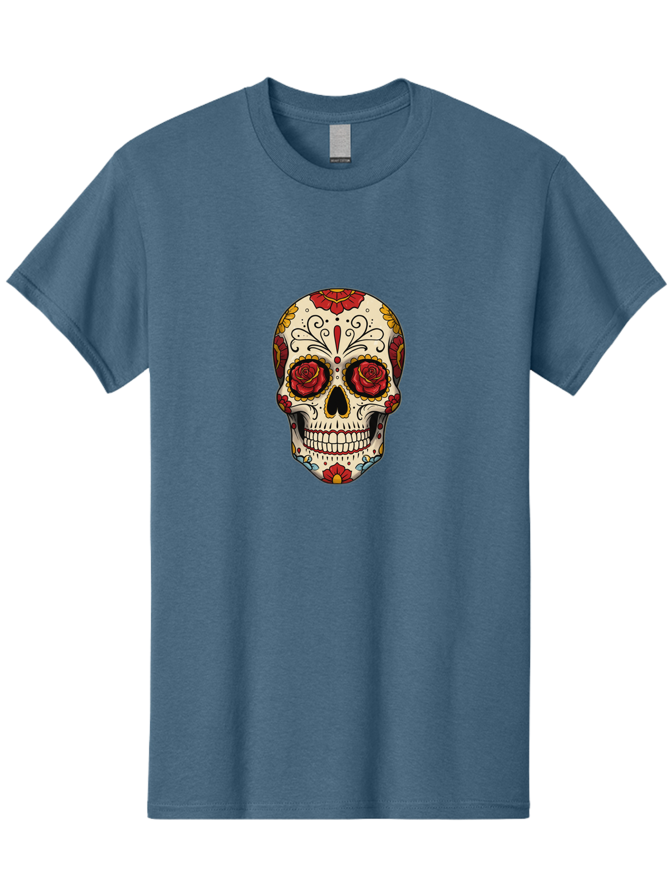 Sugar-Skull-2 Men'S Graphic Tee, 100% Cotton, Comfortable Casual Summer Wear, Machine Washable, Sugar Skull, Day Of The Dead, Floral Design, Red Roses, Skull Art, Vibrant Colors, Mexican Culture, Decorative Skull, Intricate Patterns, Bad769 3