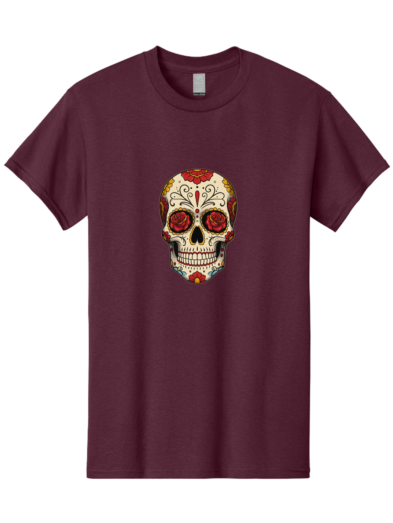 Sugar-Skull-2 Men'S Graphic Tee, 100% Cotton, Comfortable Casual Summer Wear, Machine Washable, Sugar Skull, Day Of The Dead, Floral Design, Red Roses, Skull Art, Vibrant Colors, Mexican Culture, Decorative Skull, Intricate Patterns, Bad769 8