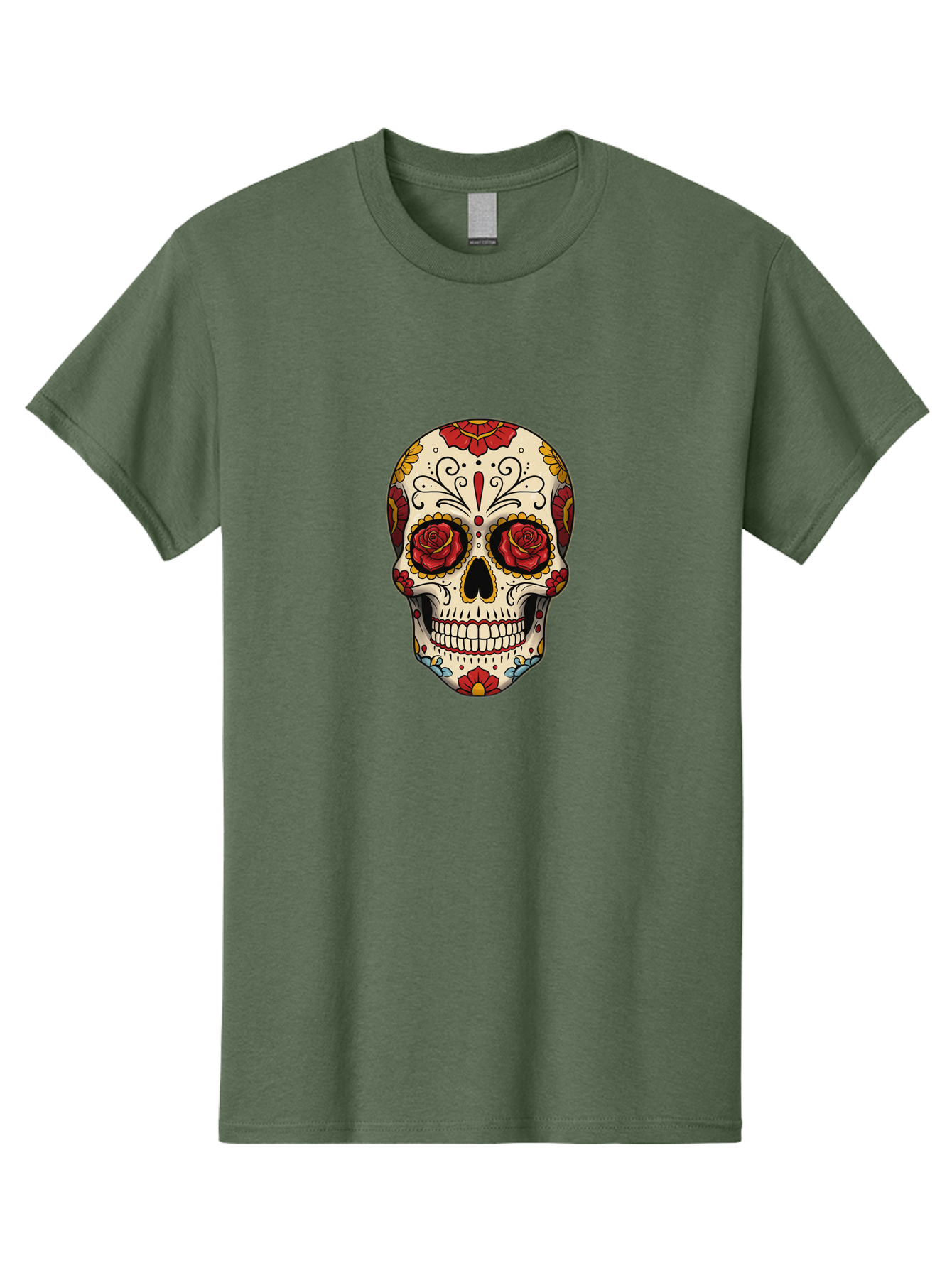 Sugar-Skull-2 Men'S Graphic Tee, 100% Cotton, Comfortable Casual Summer Wear, Machine Washable, Sugar Skull, Day Of The Dead, Floral Design, Red Roses, Skull Art, Vibrant Colors, Mexican Culture, Decorative Skull, Intricate Patterns, Bad769 9