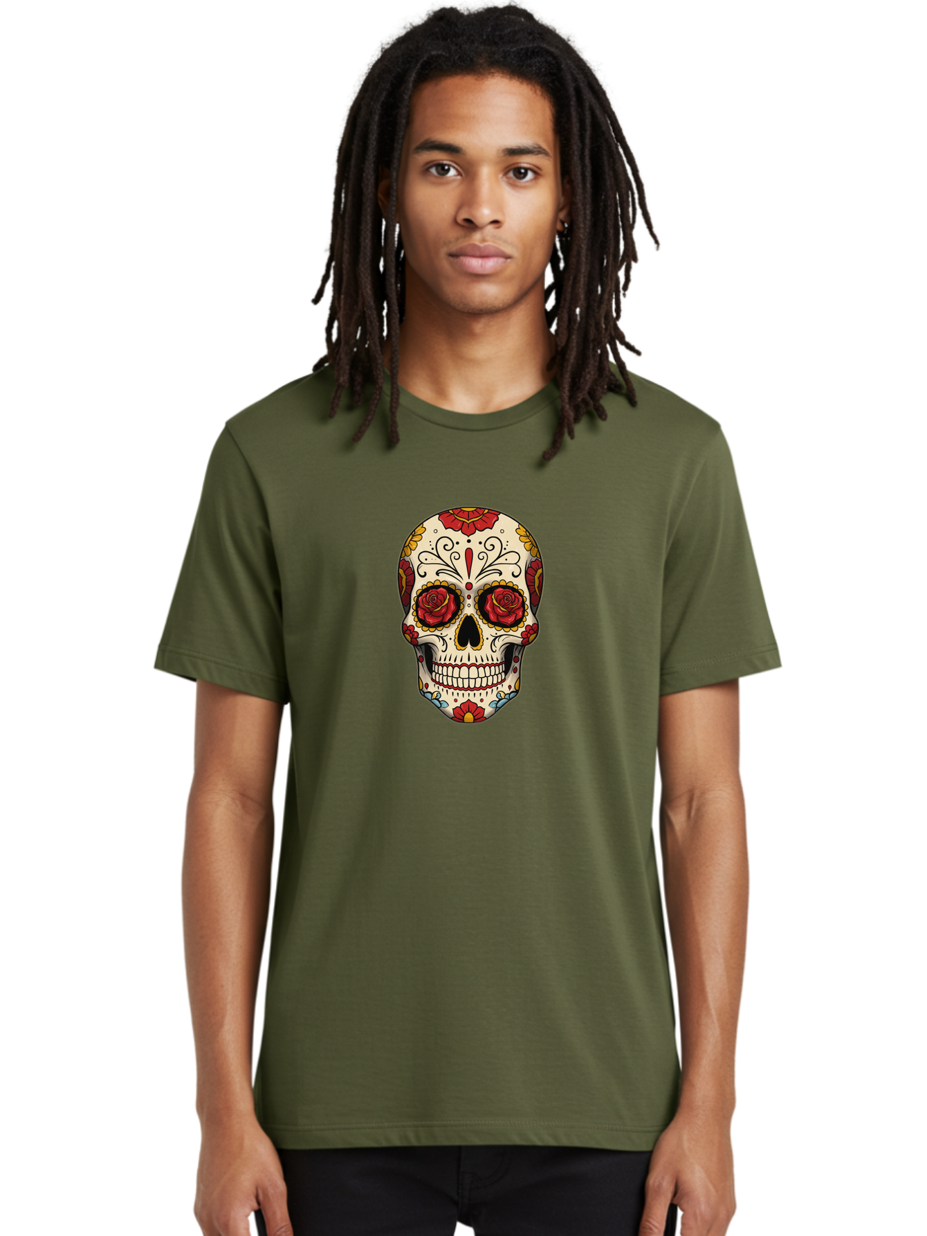 Sugar-Skull-2 Men'S Graphic Tee, 100% Cotton, Comfortable Casual Summer Wear, Machine Washable, Sugar Skull, Day Of The Dead, Floral Design, Red Roses, Skull Art, Vibrant Colors, Mexican Culture, Decorative Skull, Intricate Patterns, Bad769 24