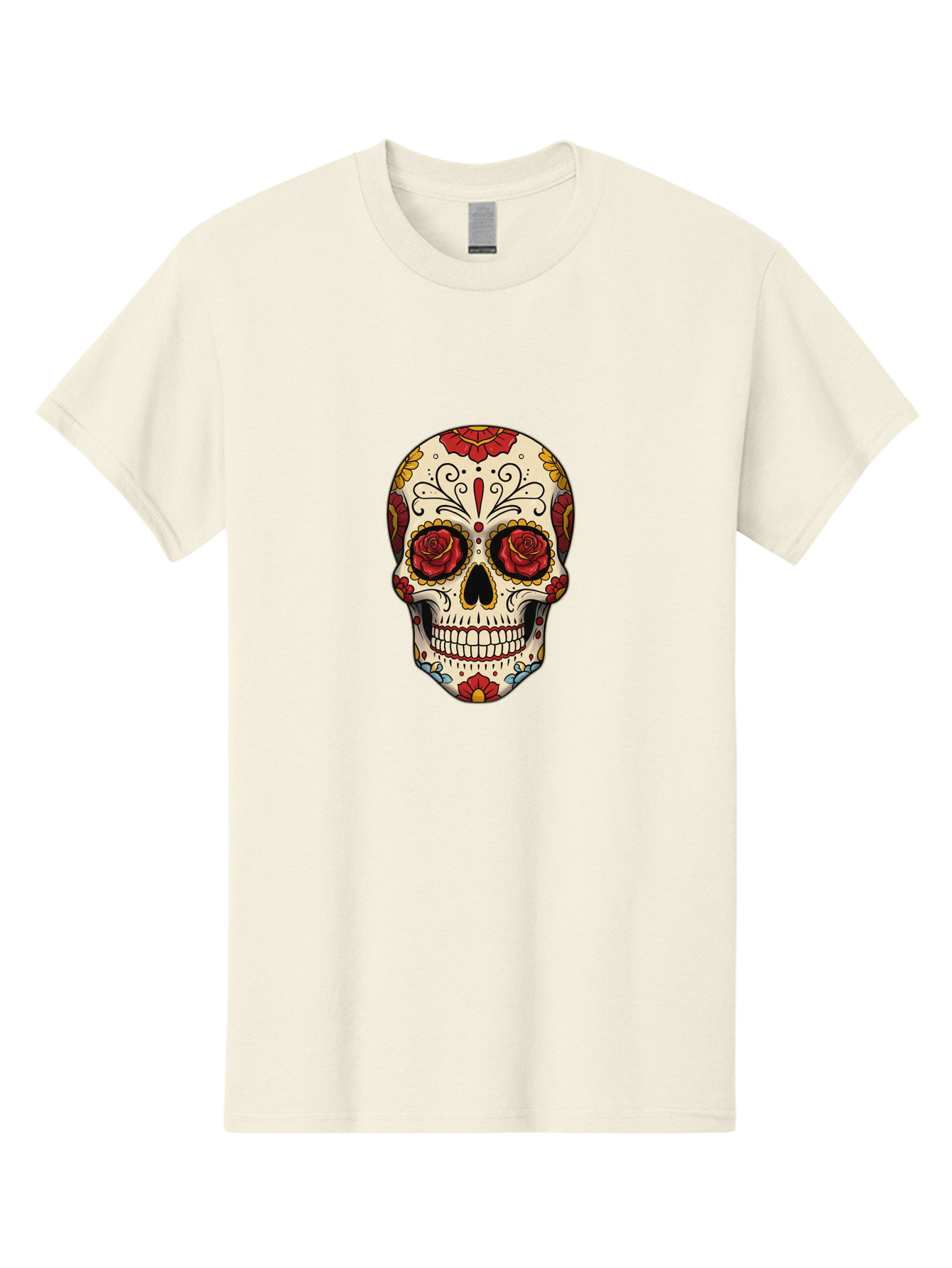 Sugar-Skull-2 Men'S Graphic Tee, 100% Cotton, Comfortable Casual Summer Wear, Machine Washable, Sugar Skull, Day Of The Dead, Floral Design, Red Roses, Skull Art, Vibrant Colors, Mexican Culture, Decorative Skull, Intricate Patterns, Bad769 7