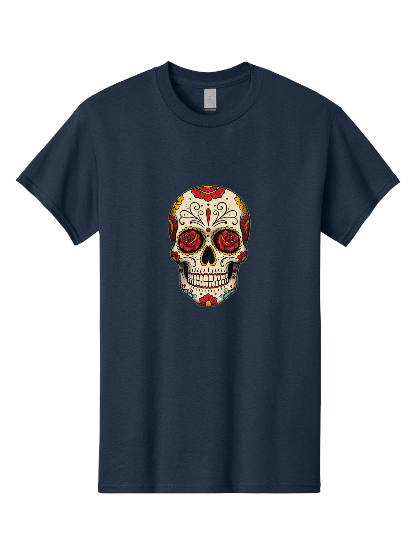 Sugar-Skull-2 Men'S Graphic Tee, 100% Cotton, Comfortable Casual Summer Wear, Machine Washable, Sugar Skull, Day Of The Dead, Floral Design, Red Roses, Skull Art, Vibrant Colors, Mexican Culture, Decorative Skull, Intricate Patterns, Bad769 14