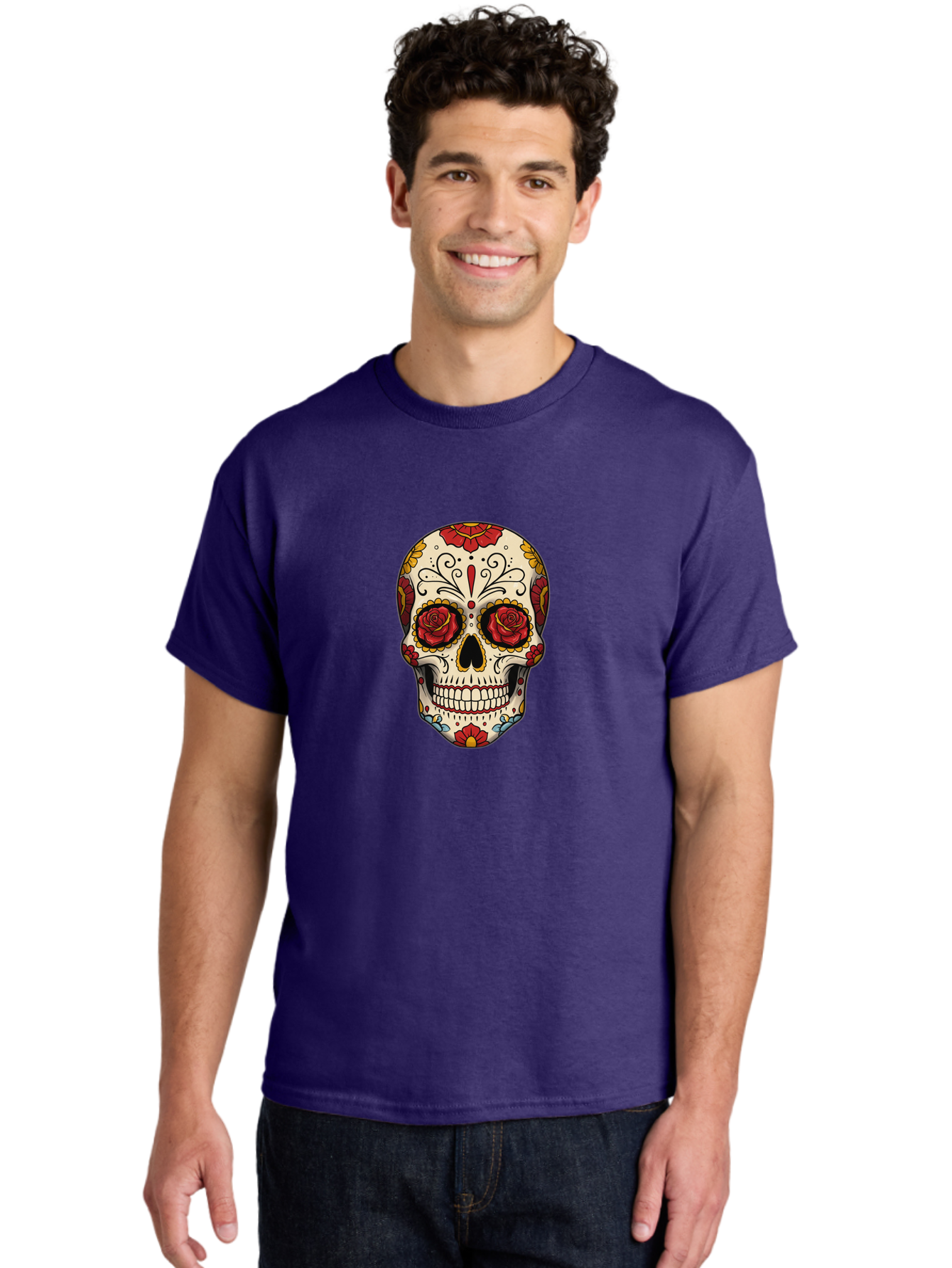 Sugar-Skull-2 Men'S Graphic Tee, 100% Cotton, Comfortable Casual Summer Wear, Machine Washable, Sugar Skull, Day Of The Dead, Floral Design, Red Roses, Skull Art, Vibrant Colors, Mexican Culture, Decorative Skull, Intricate Patterns, Bad769 26