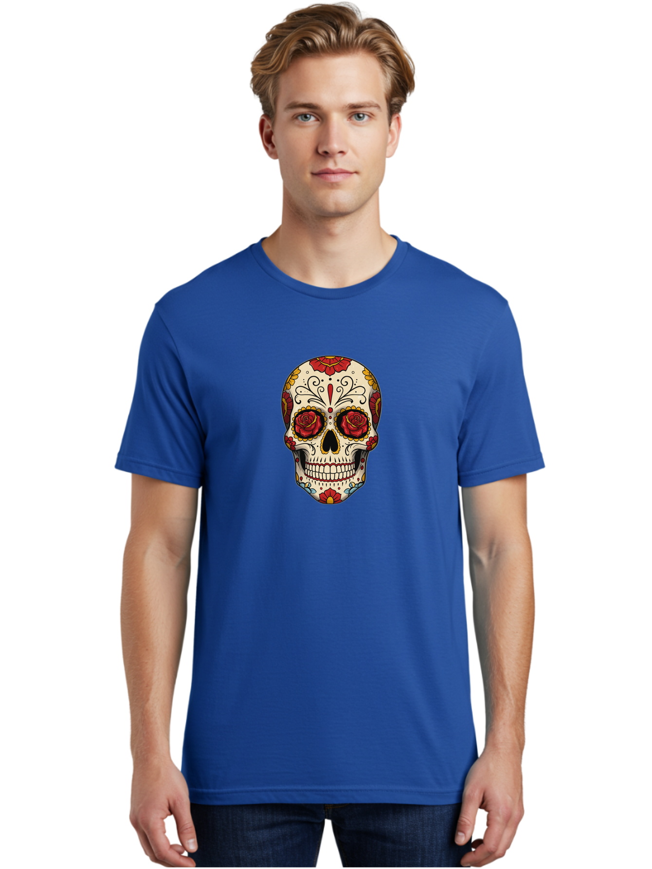 Sugar-Skull-2 Men'S Graphic Tee, 100% Cotton, Comfortable Casual Summer Wear, Machine Washable, Sugar Skull, Day Of The Dead, Floral Design, Red Roses, Skull Art, Vibrant Colors, Mexican Culture, Decorative Skull, Intricate Patterns, Bad769 28
