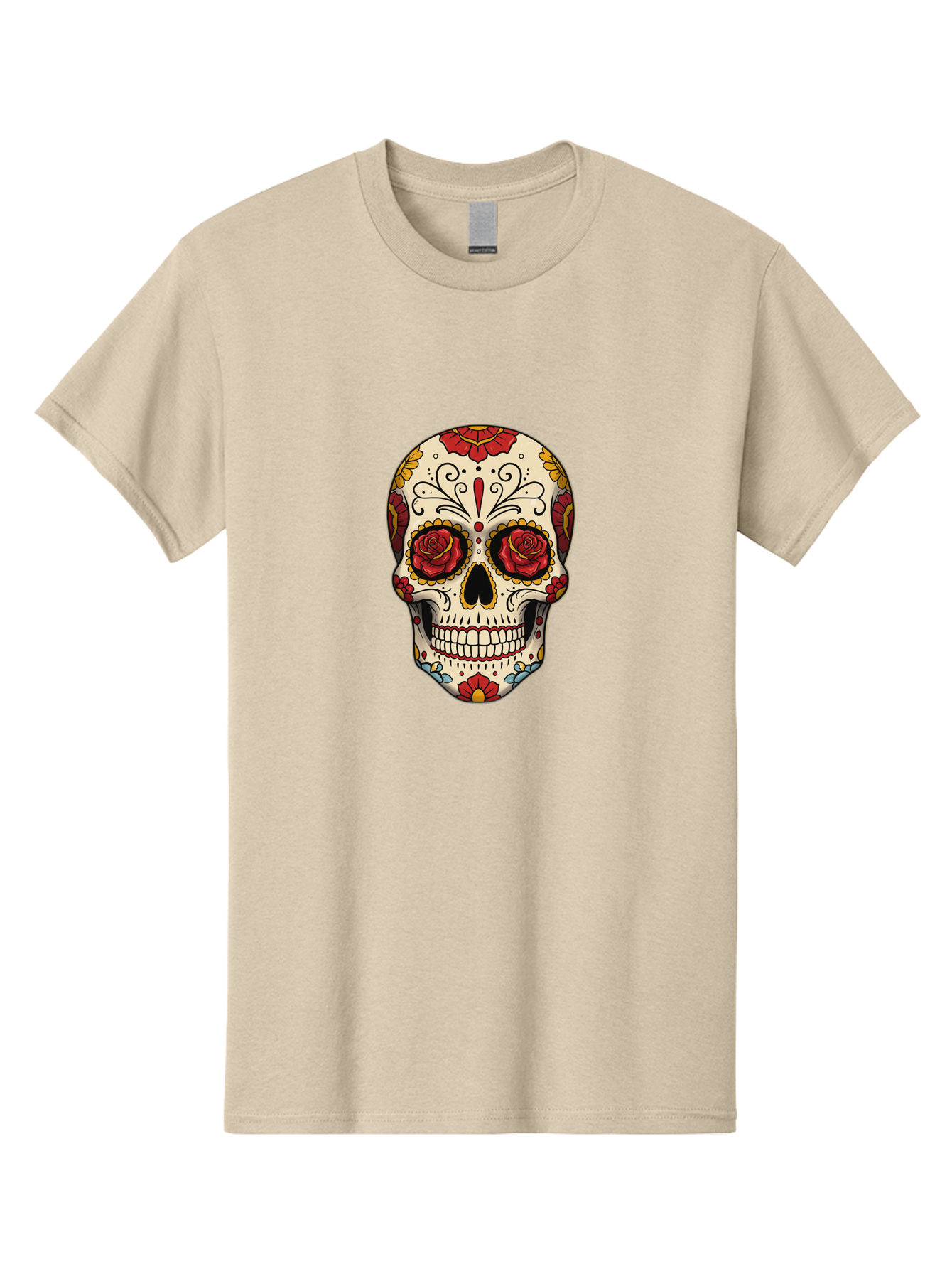 Sugar-Skull-2 Men'S Graphic Tee, 100% Cotton, Comfortable Casual Summer Wear, Machine Washable, Sugar Skull, Day Of The Dead, Floral Design, Red Roses, Skull Art, Vibrant Colors, Mexican Culture, Decorative Skull, Intricate Patterns, Bad769 15