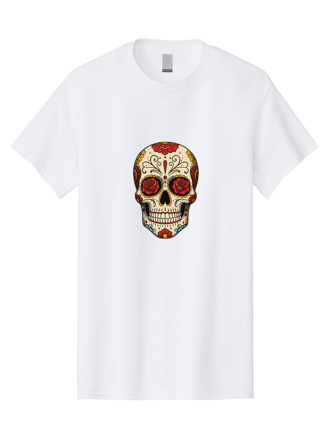 Sugar-Skull-2 Men'S Graphic Tee, 100% Cotton, Comfortable Casual Summer Wear, Machine Washable, Sugar Skull, Day Of The Dead, Floral Design, Red Roses, Skull Art, Vibrant Colors, Mexican Culture, Decorative Skull, Intricate Patterns, Bad769 2